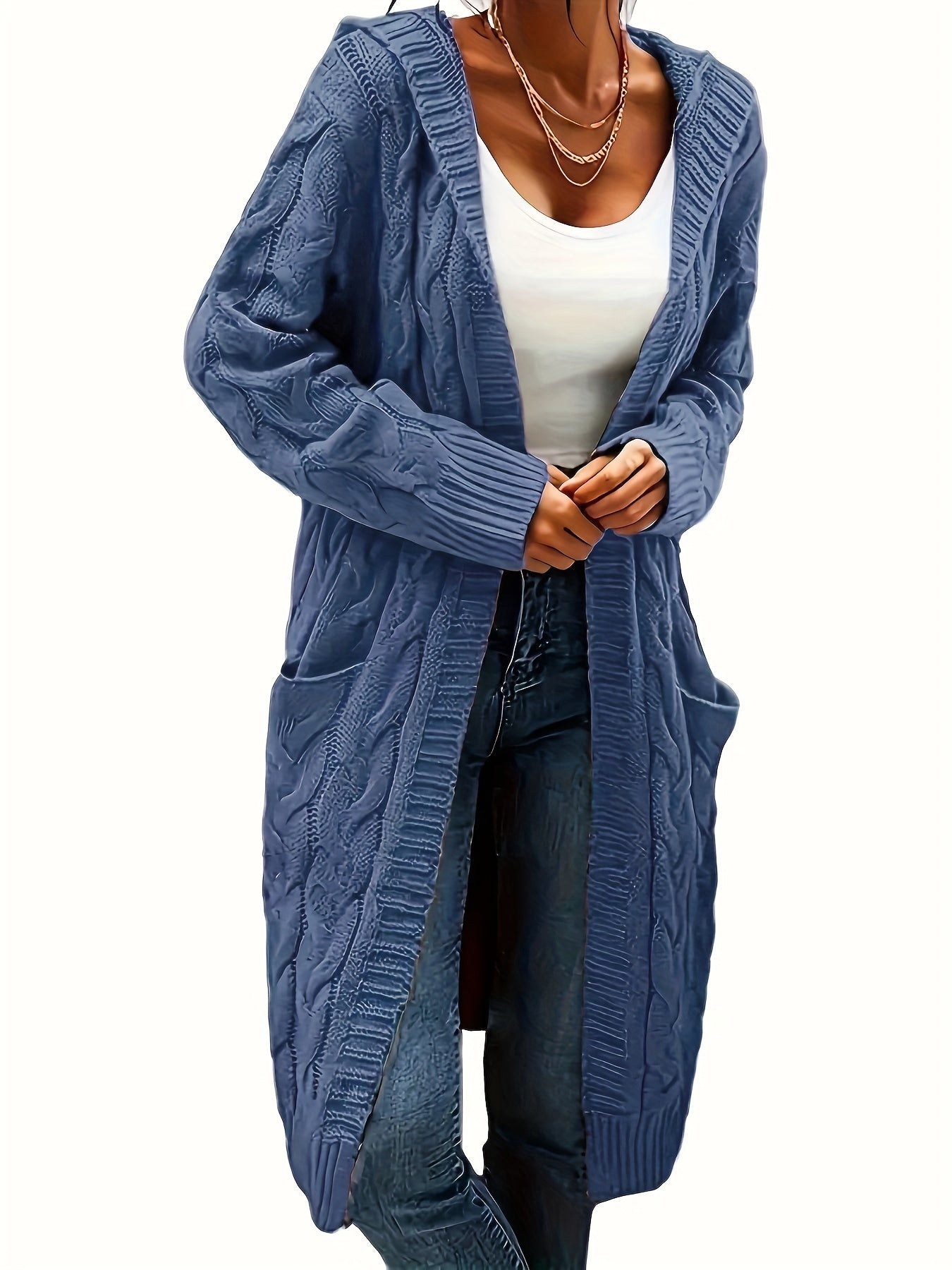 [Cozy Cable Knit Cardigan] Cozy Acrylic Sweater Coat - Women's Long Hooded Knit Cardigan with Cable Knit Pattern, Front Pockets - Machine Washable, Winter Layering, Open Front Cardigan, Buttonless Cardigan