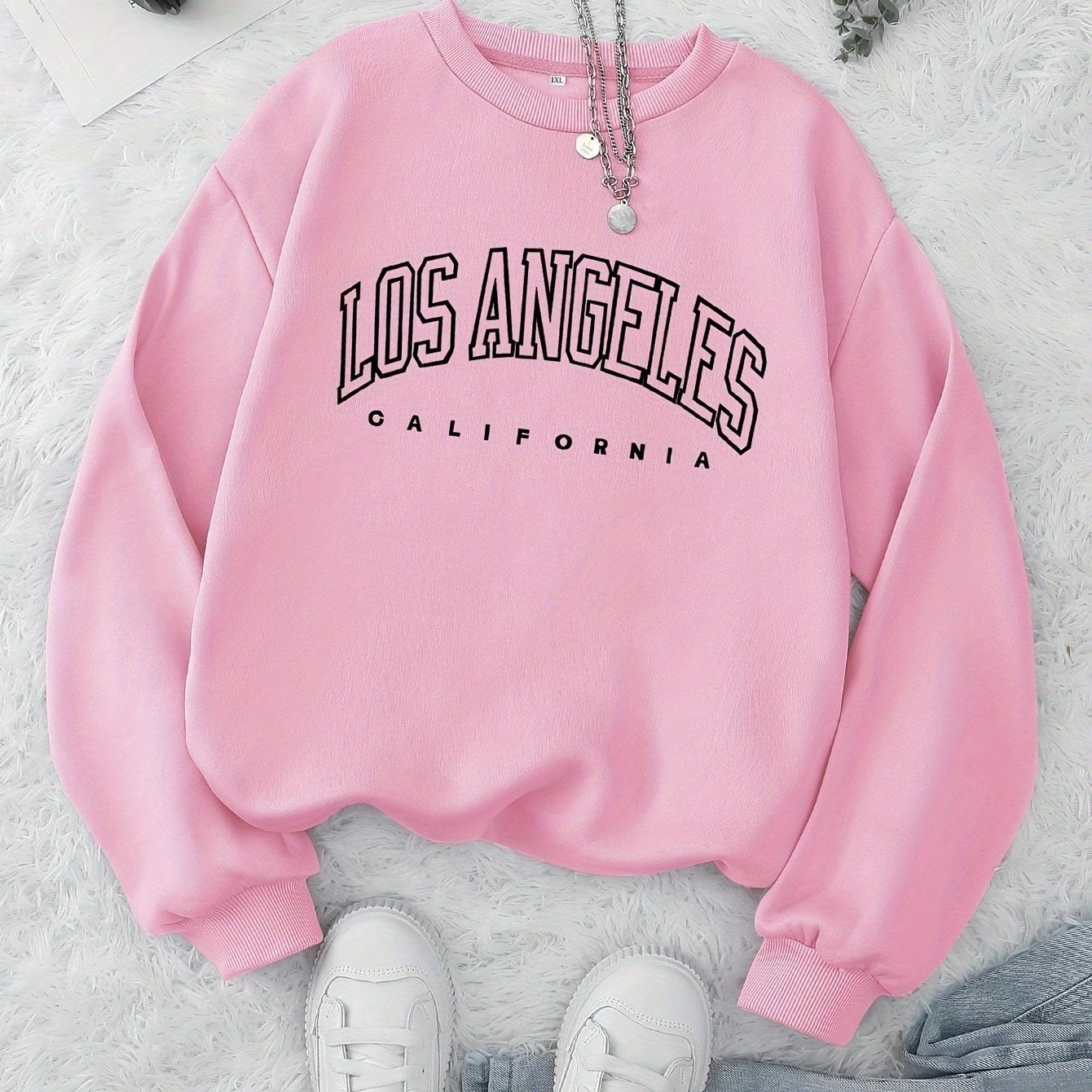 Los Angeles Print Preppy Sweatshirt, Long Sleeve Crew Neck Casual Sweatshirt For Winter & Fall, Women's Clothing - veyora