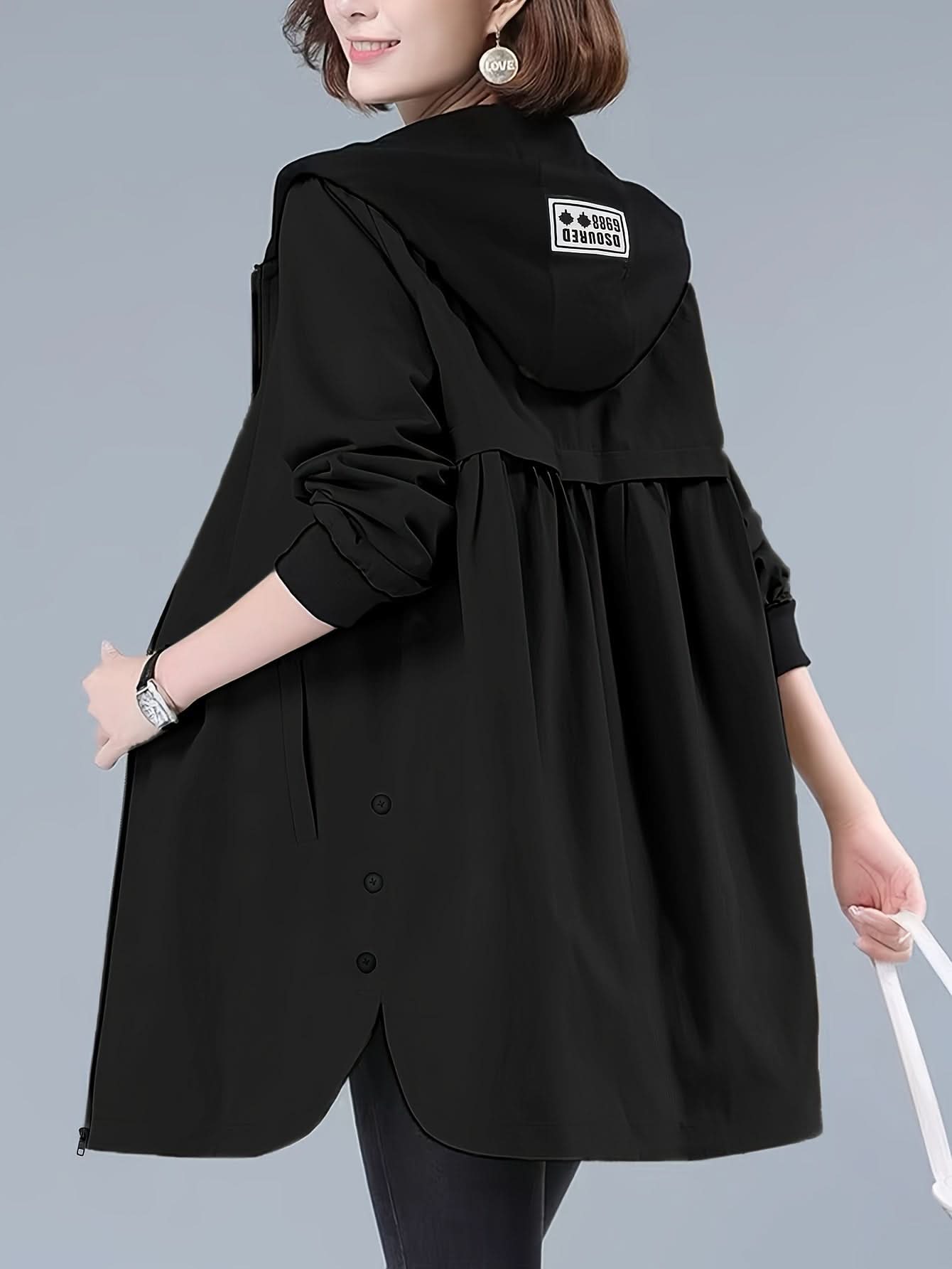 Women's Casual Hooded Jacket with Letter Print - Zip - Up, Long Sleeve, Polyester - Machine Washable - Perfect for Spring/Fall - veyora
