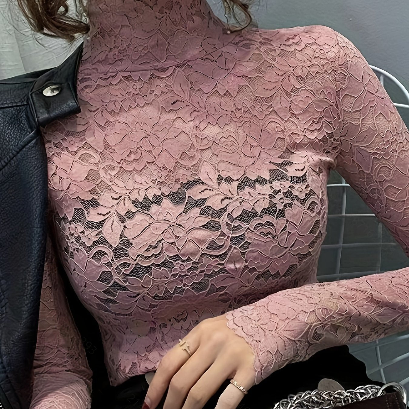 Lace Mock Neck Slim Top, Sexy Long Sleeve Top For Spring & Fall, Women's Clothing - veyora