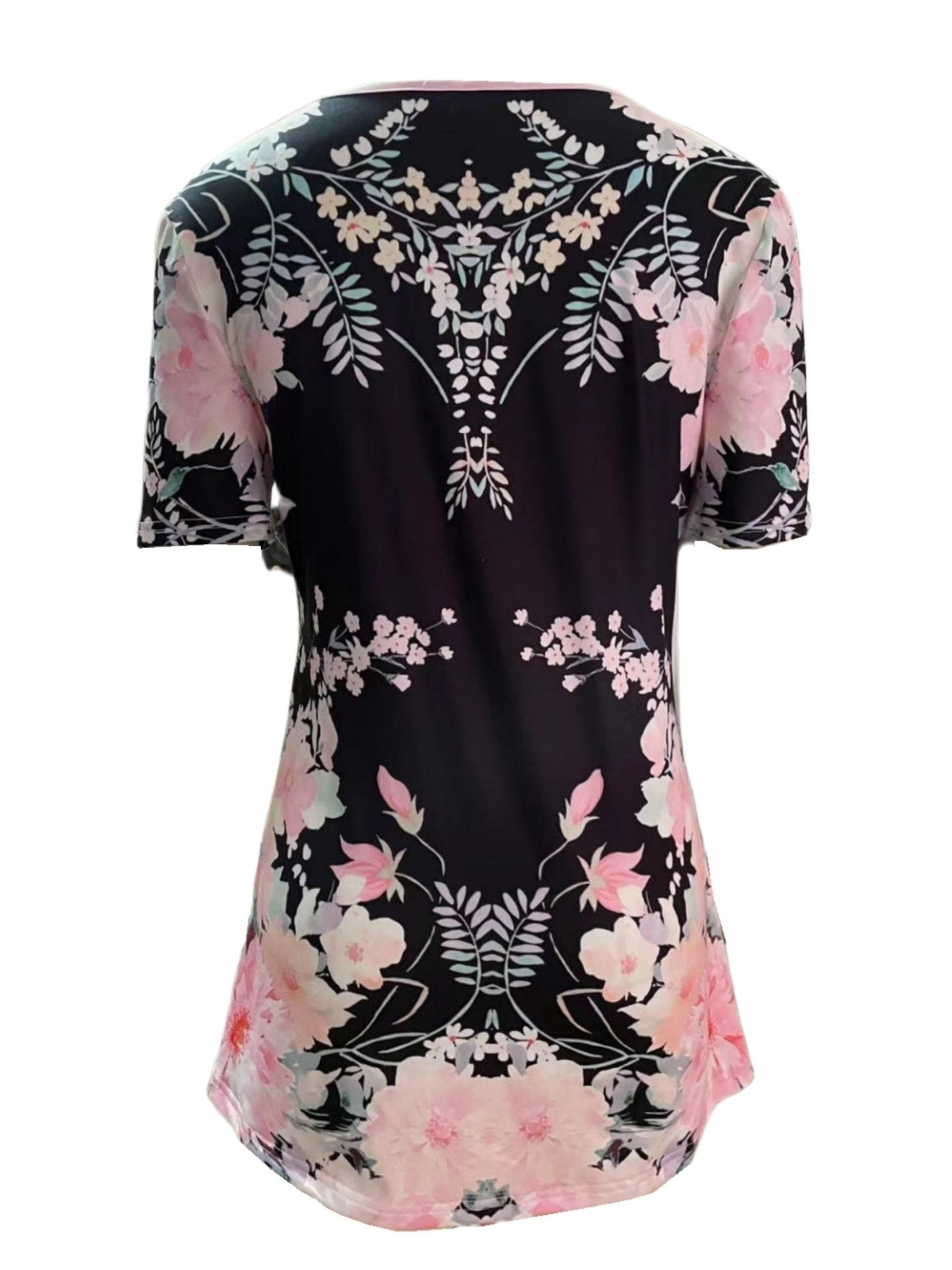 Floral Print Faux Peal Decor T-Shirt, Casual V Neck Short Sleeve Top For Spring & Summer, Women's Clothing - veyora