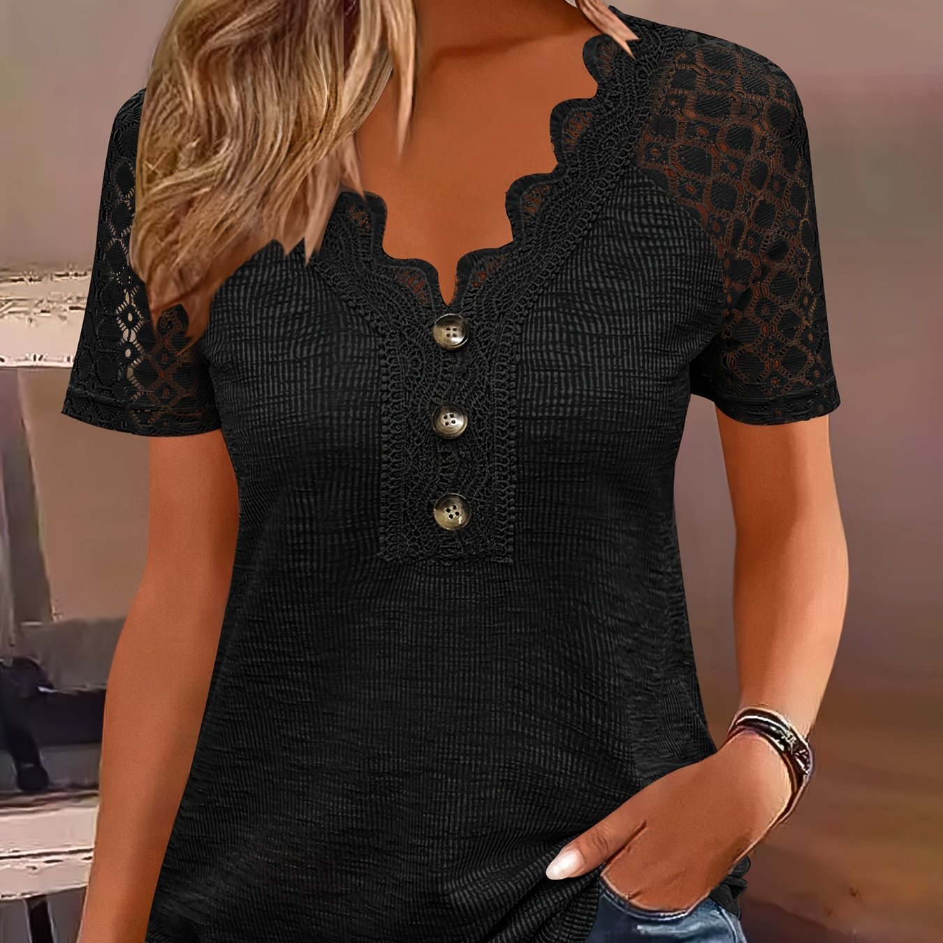 Directional Development of a Women'S V - Neck Button Lace Collar Top, Featuring Casual Lace Patchwork And Raglan Sleeves - veyora