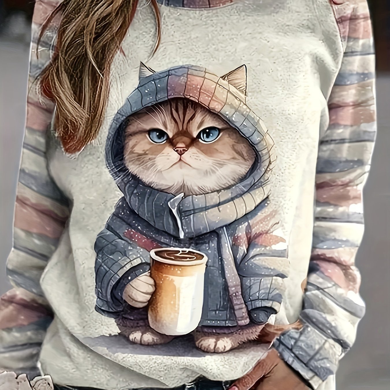 Kitten Print Crew Neck Sweatshirt, Casual Long Sleeve Drop Shoulder Sweatshirt, Women's Clothing - veyora
