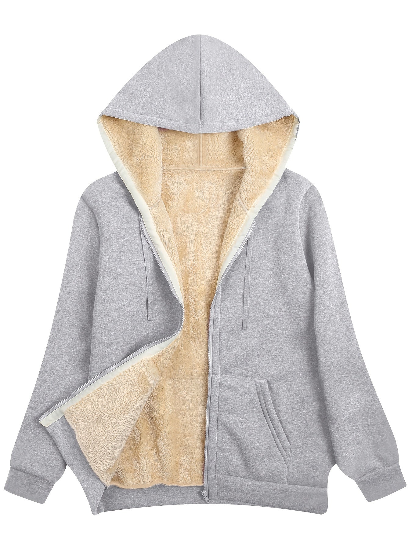 Women's Plush Fleece-Lined Hooded Zip-Up Jacket - Oversized Winter Coat with H-Silhouette, Vibrant Yellow & White Lining, Machine Washable Casual Outerwear for Fall/Winter, Winter Jacket