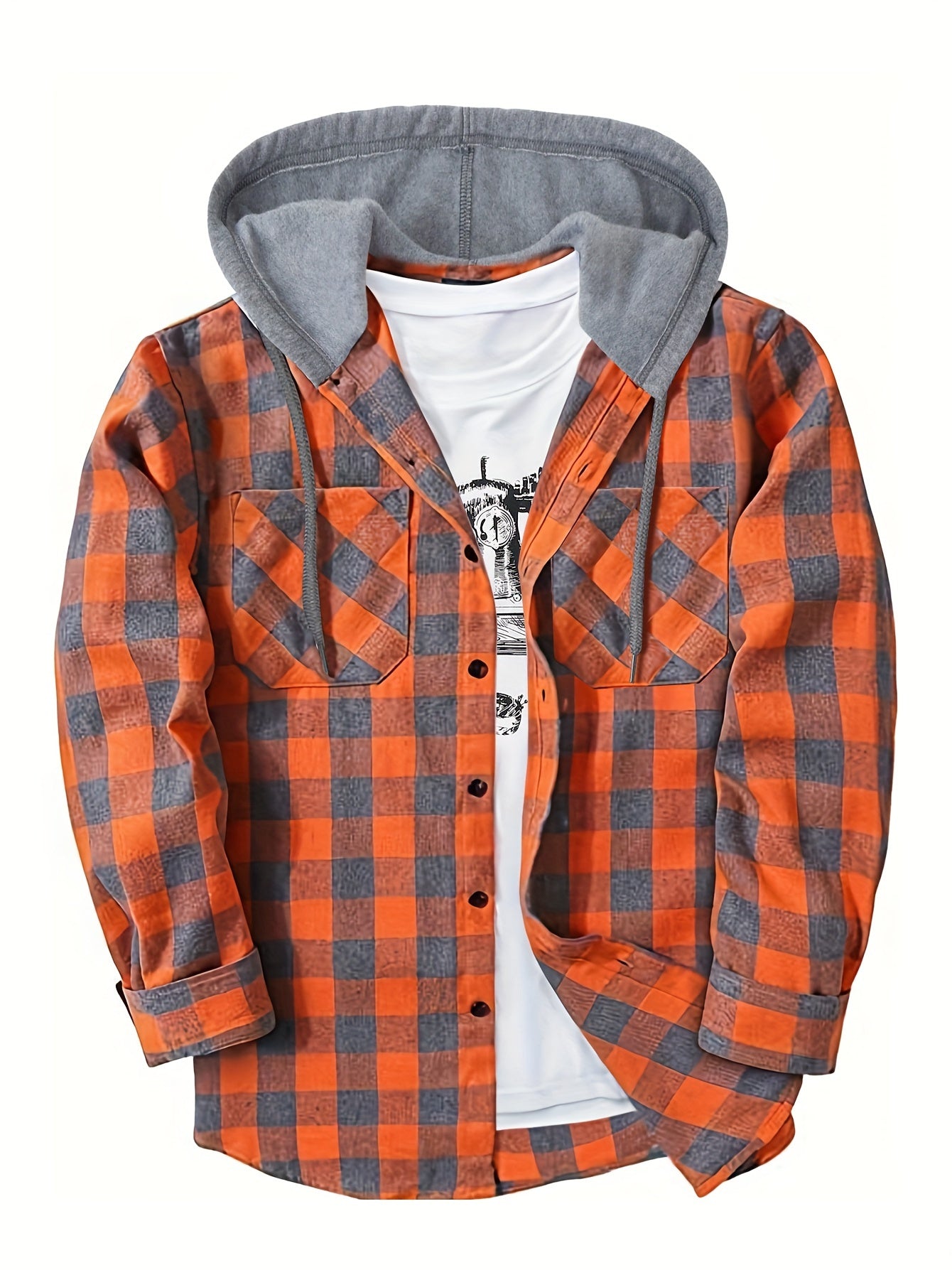Men's Plaid Hooded Shirt Coat, Long Sleeve, Button Up, Casual Fit - veyora