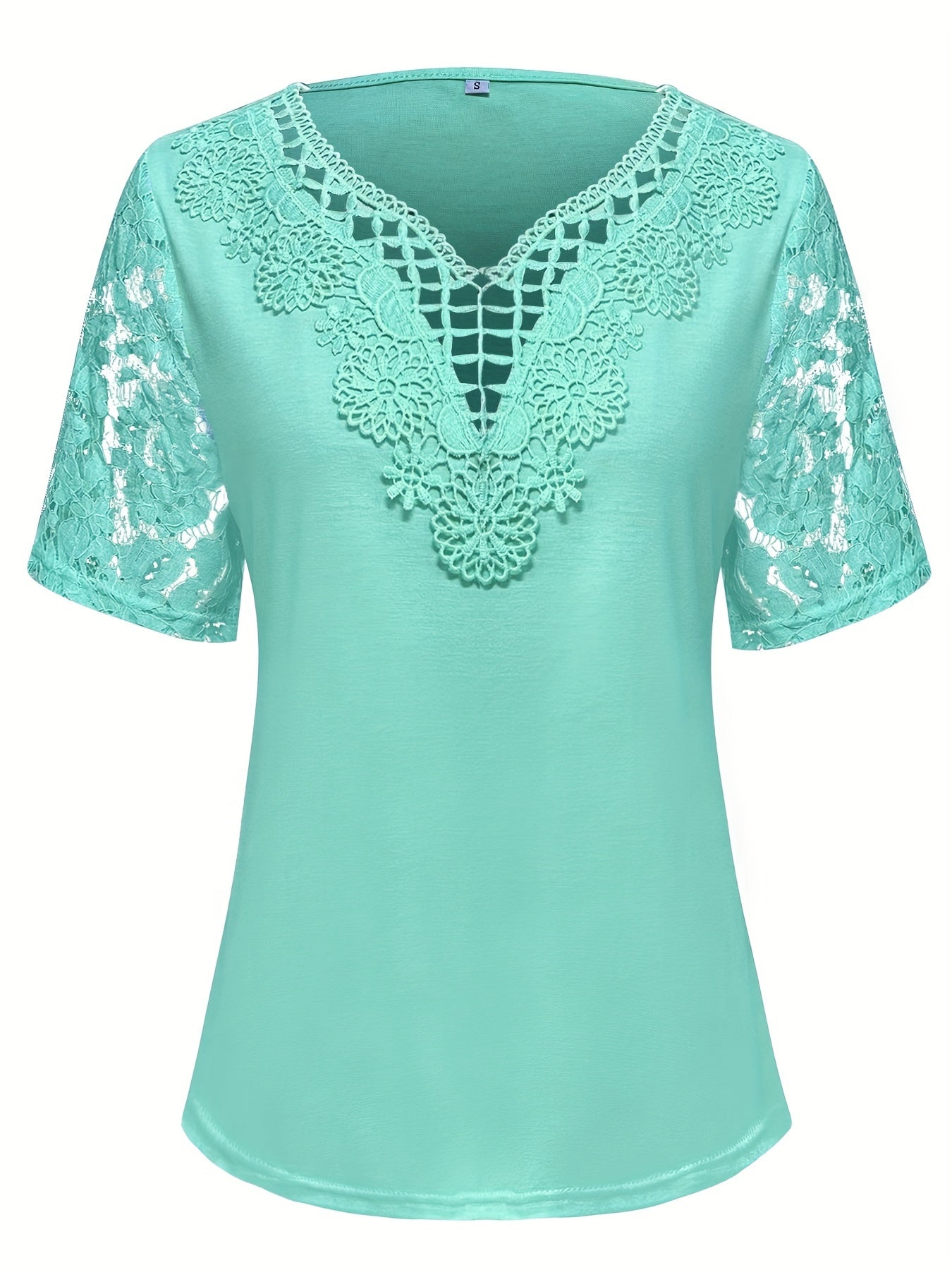 Directional Development Women'S Solid Color Lace Patchwork V - Neck Short Sleeve Summer Casual Fashion New T-Shirt - veyora