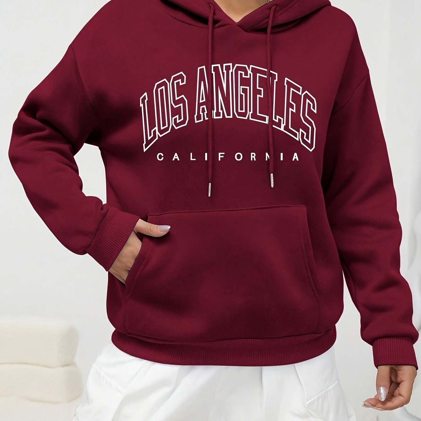Burgundy Letter Printed Kangaroo Pocket Hoodie, Casual Long Sleeve Drawstring Sweatshirt, Women'S Clothing - veyora