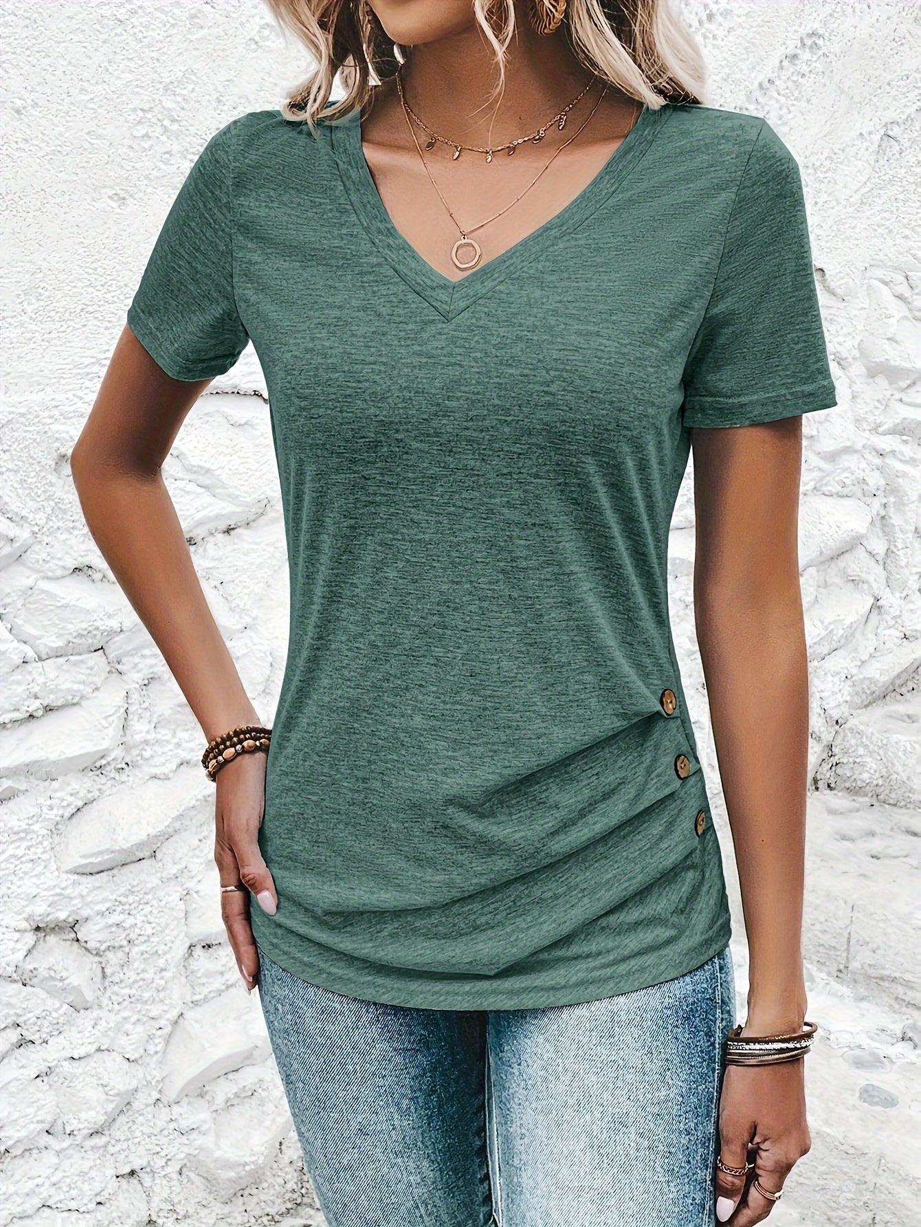 Women's Elegant Casual V - Neck Button - Front T-Shirt with Decorative Buttons - Soft Breathable Top, Regular Fit for Spring Summer Fall, Machine Washable Solid Color Blouse, Seasonal Versatile Shirt, Stylish Button Detailing, Construction - veyora