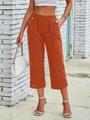 Elegant Directional Decorative Button Casual Capri Pants for Women - veyora