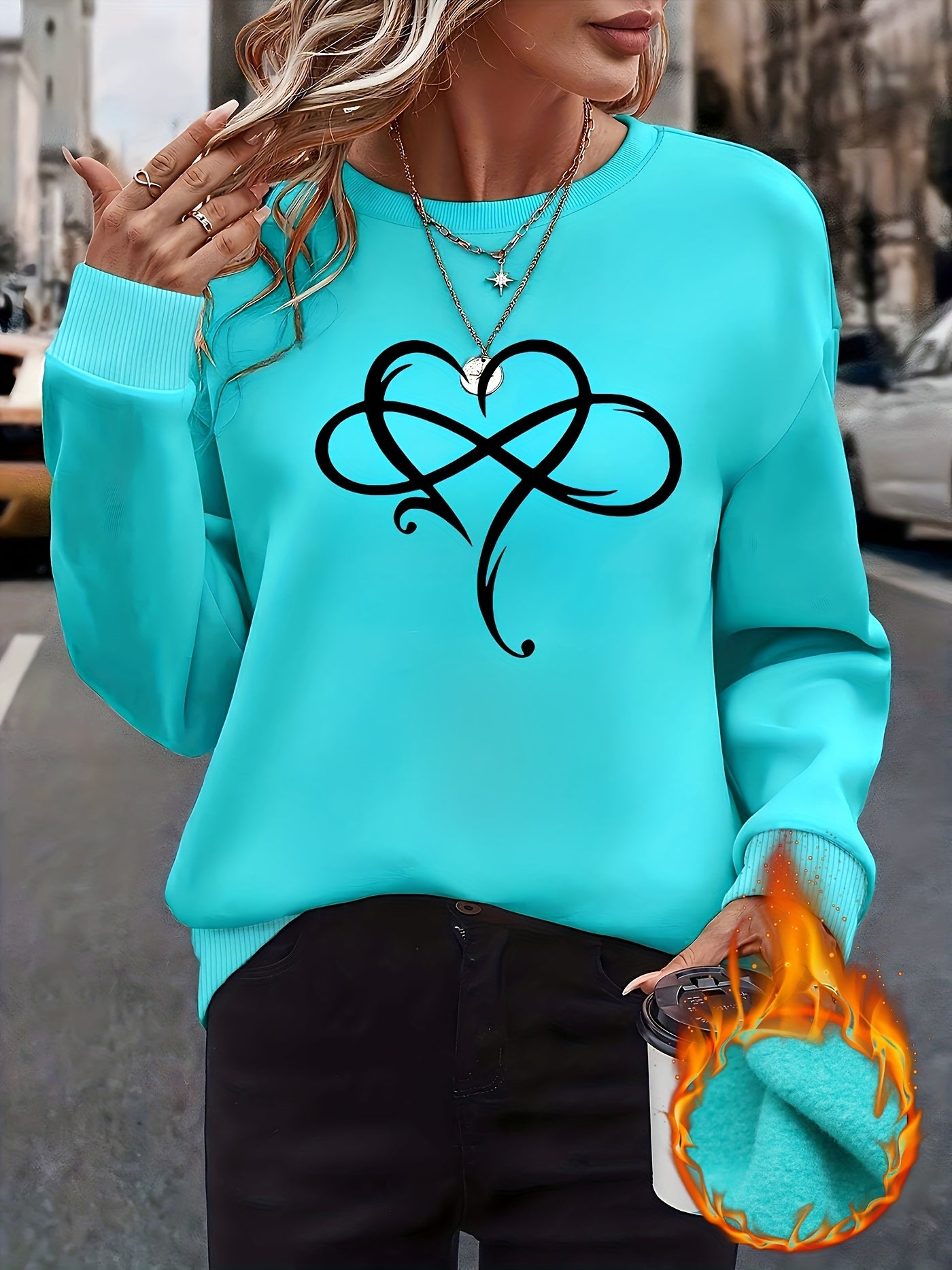 Women'S Long - Sleeve Round - Neck Fleece Sweatshirt with Heart - Shaped Creative Design - veyora