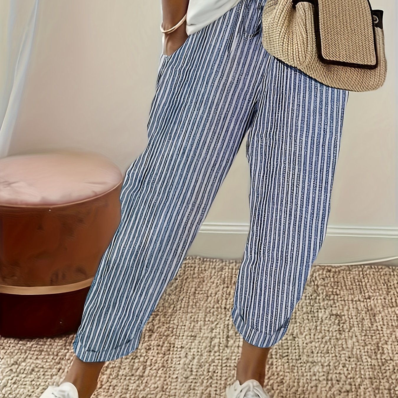 Women's Striped Wide - Leg Casual Pants - High - Waisted, Lightweight Polyester, Machine Washable, All - Season Comfort with Side Stripe Detail - veyora