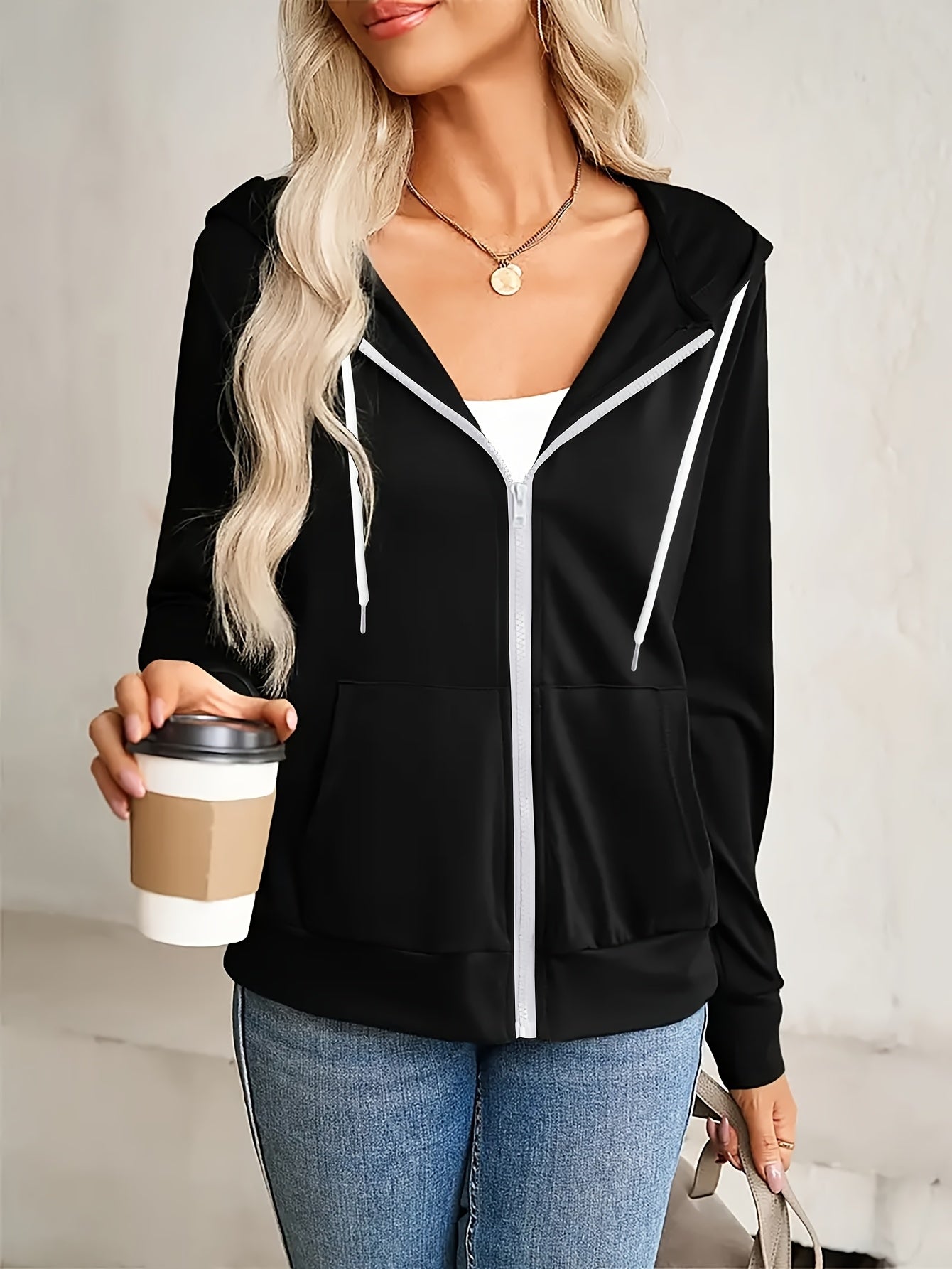 Fashion Women's Hooded Zip - Up Sweatshirt - Solid Color, Long Sleeve, Casual Sportswear with Adjustable Drawstring and Smooth Zipper Closure - Comfortable and Trendy - veyora