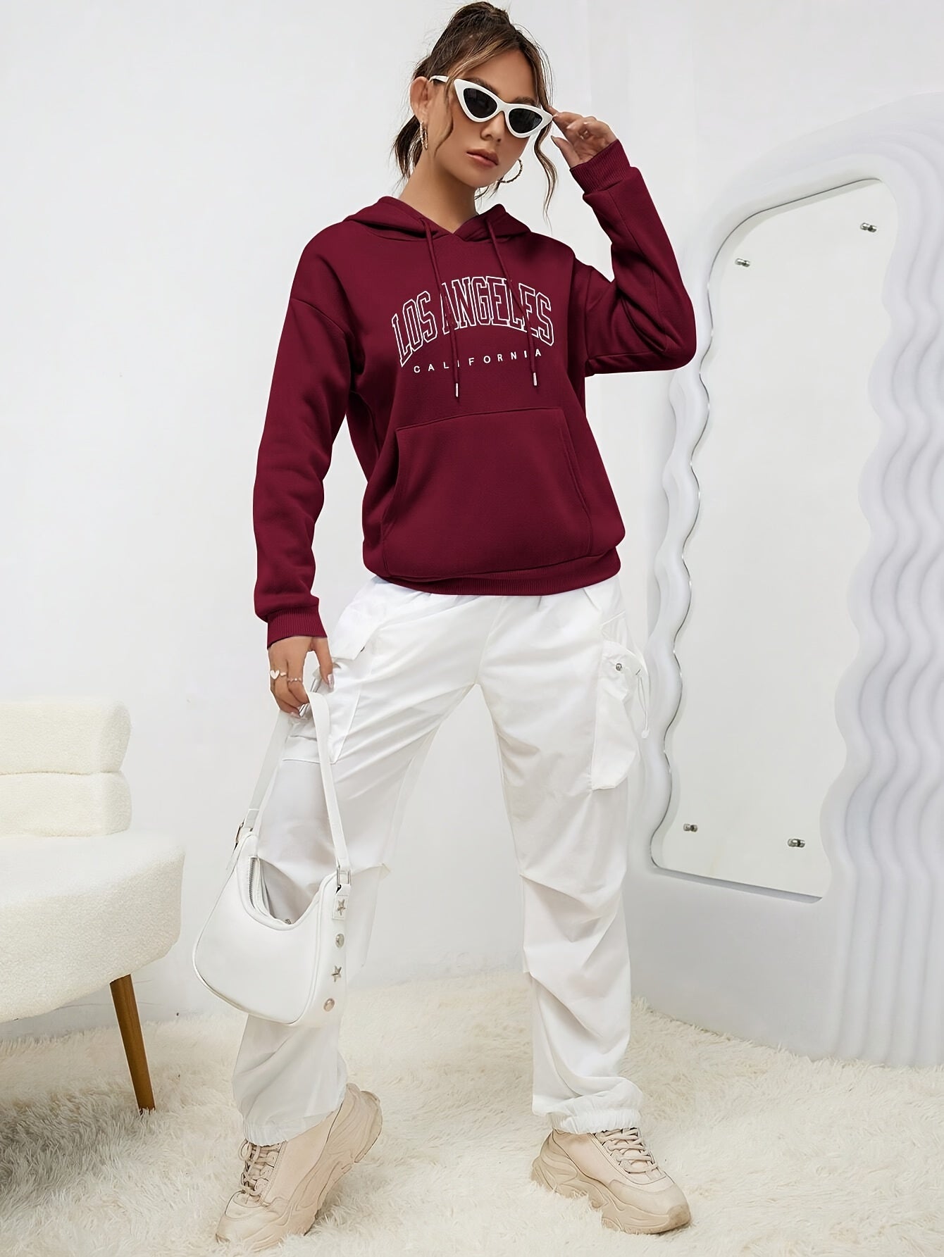 Burgundy Letter Printed Kangaroo Pocket Hoodie, Casual Long Sleeve Drawstring Sweatshirt, Women'S Clothing - veyora