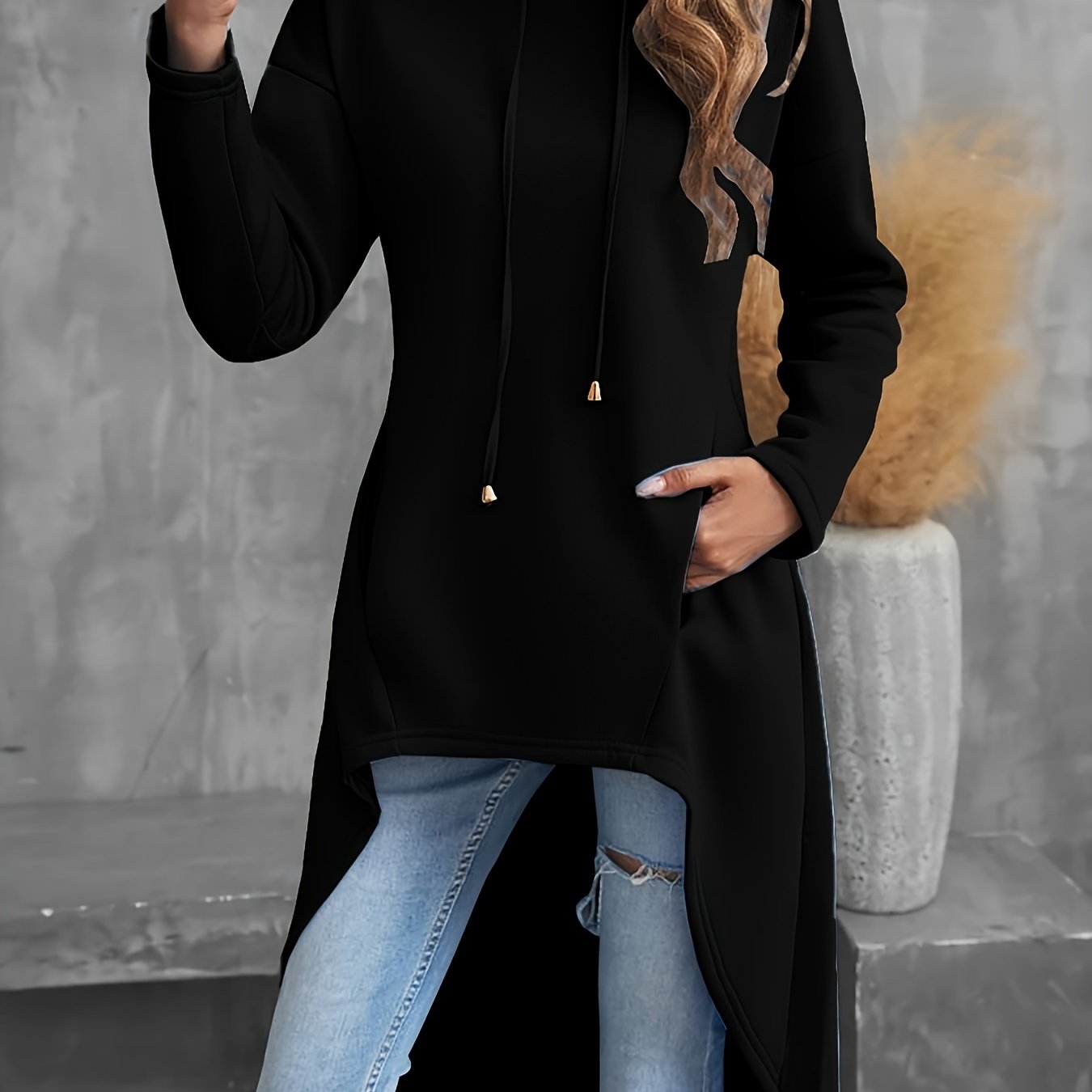 Solid Color Hig - low Hoodie, Casual Long Sleeve Drawstring Hoodie Sweatshirt, Women's Clothing - veyora