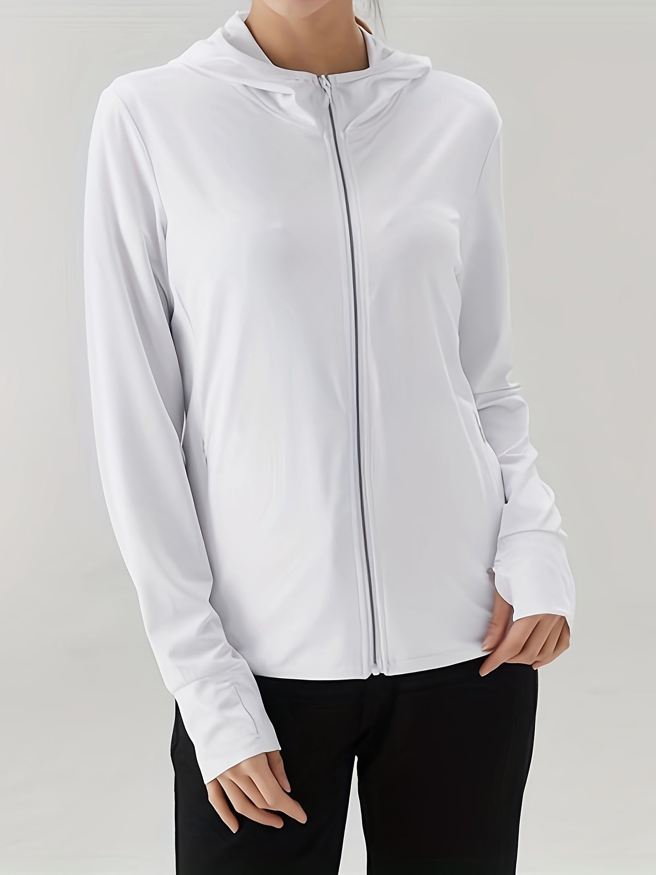 [Breathable Hooded Sweatshirt] Lightweight Breathable Women's Hooded Sweatshirt - Zip-Up Windbreaker Jacket, Polyester & Spandex Blend, Ideal for Sports, Beach, Travel & Fishing, Solid White