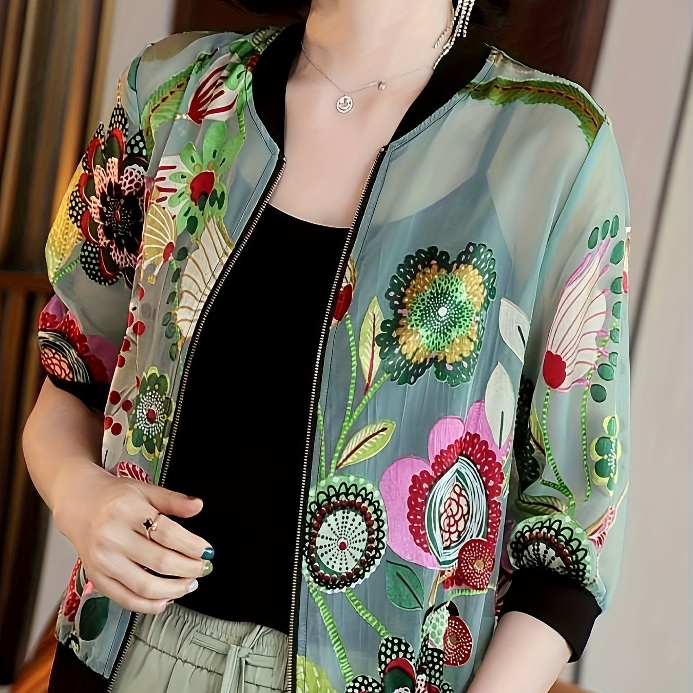 Women's lightweight sunscreen jacket - translucent long - sleeved baseball jacket with front zipper design, loose H - shaped cut suitable for beach, office, and daily wear, floral geometric pattern, breathable fabric, summer fashion item - veyora