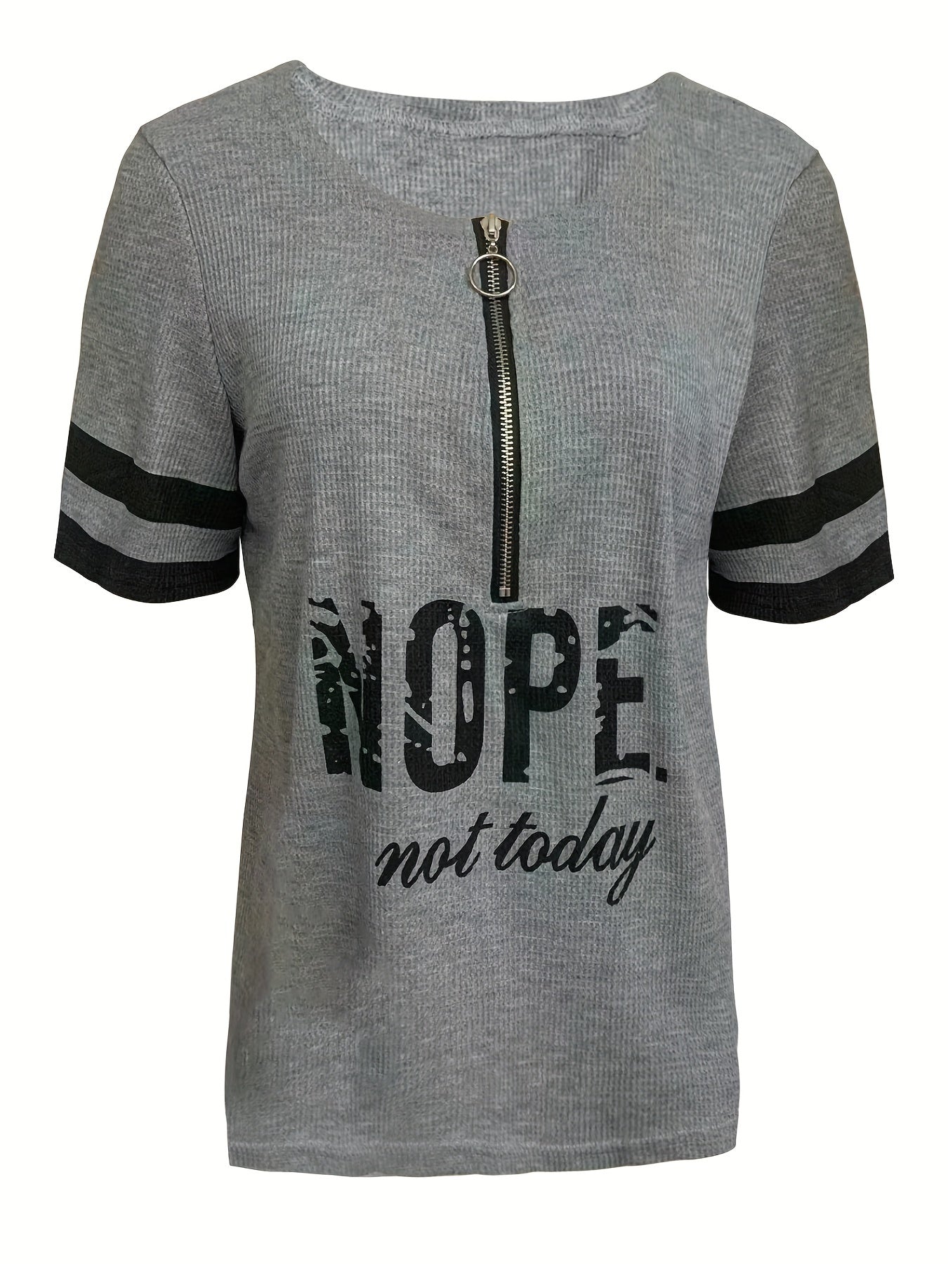 Stripe & Letter Print Zipper Front T-Shirt, Casual Short Sleeve T-Shirt For Spring & Summer, Women's Clothing - veyora
