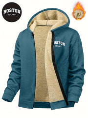 Men's Casual Zip - Up Hooded Jacket with Letter Print, Black & Beige Contrast, Regular Fit, Machine Washable, Front Pockets for Outdoor & Casual Attire - veyora