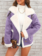 Women's Elegant Burgundy and Cream Faux Fur-Lined Winter Jacket - Chic Double-Breasted Outerwear with Pockets, Machine Washable, Lightweight Jacket