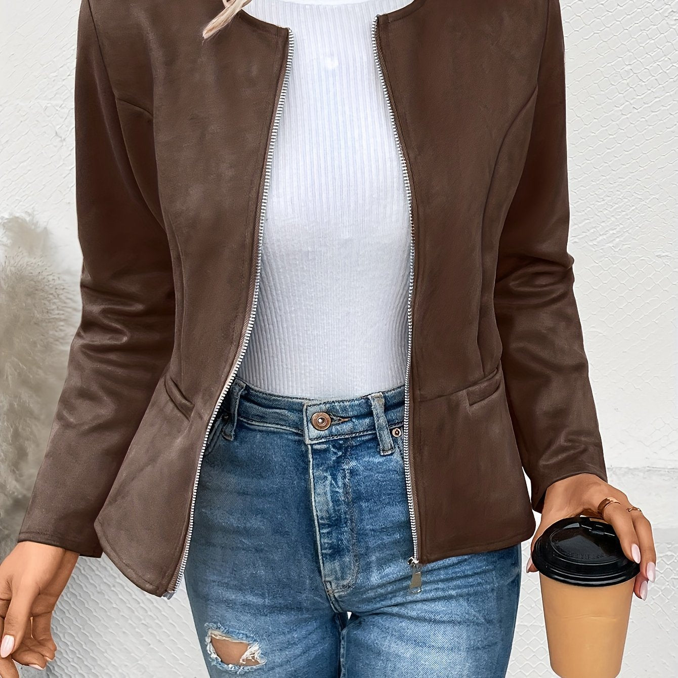 Ladies Fashion Round Neck Slim Top Long Sleeve Access Control Zipper Cardigan Cropped Jacket - veyora