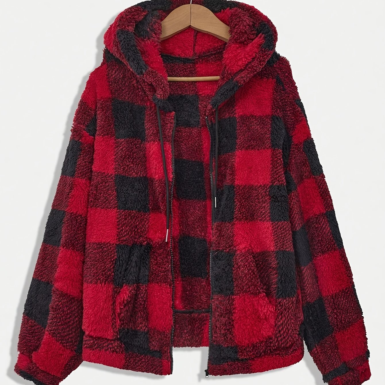 Women'S Plaid Fleece Coat - Mustard - Yellow & Checkered Winter Warmth, Soft Plush Jacket with Full - Zip Front Closure, Cozy Casual Outerwear for Fall & Winter, Winter Clothing, Fall Fashion, Stylish Outerwear, Fashion Lovers - veyora