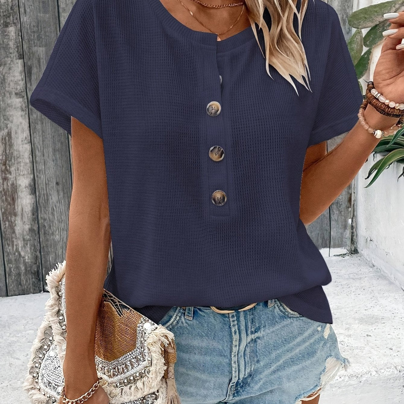 Button - Up V - Neck Batwing Short - Sleeve T-Shirt - veyora
