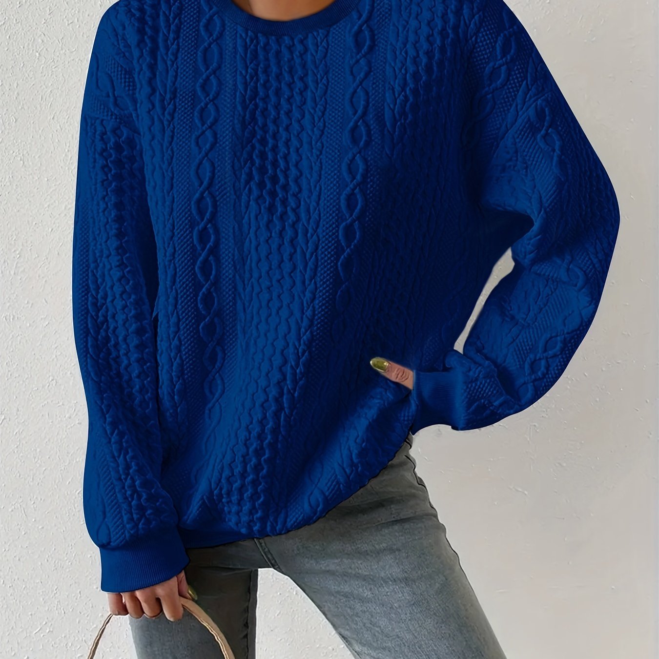 Women's Casual Textured Round Neck Pullover Sweatshirt - Loose Fit Raglan Sleeves, Medium Stretch, Machine Washable, All - Season Comfort, Cute Sweatshirts - veyora