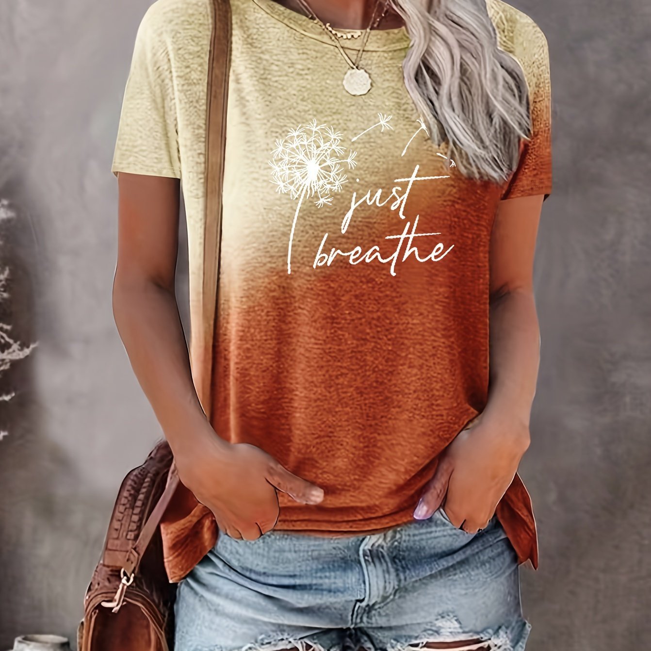 Just Breathe & Dandelion Print T-shirt, Casual Crew Neck Short Sleeve Top, Women's Clothing - veyora
