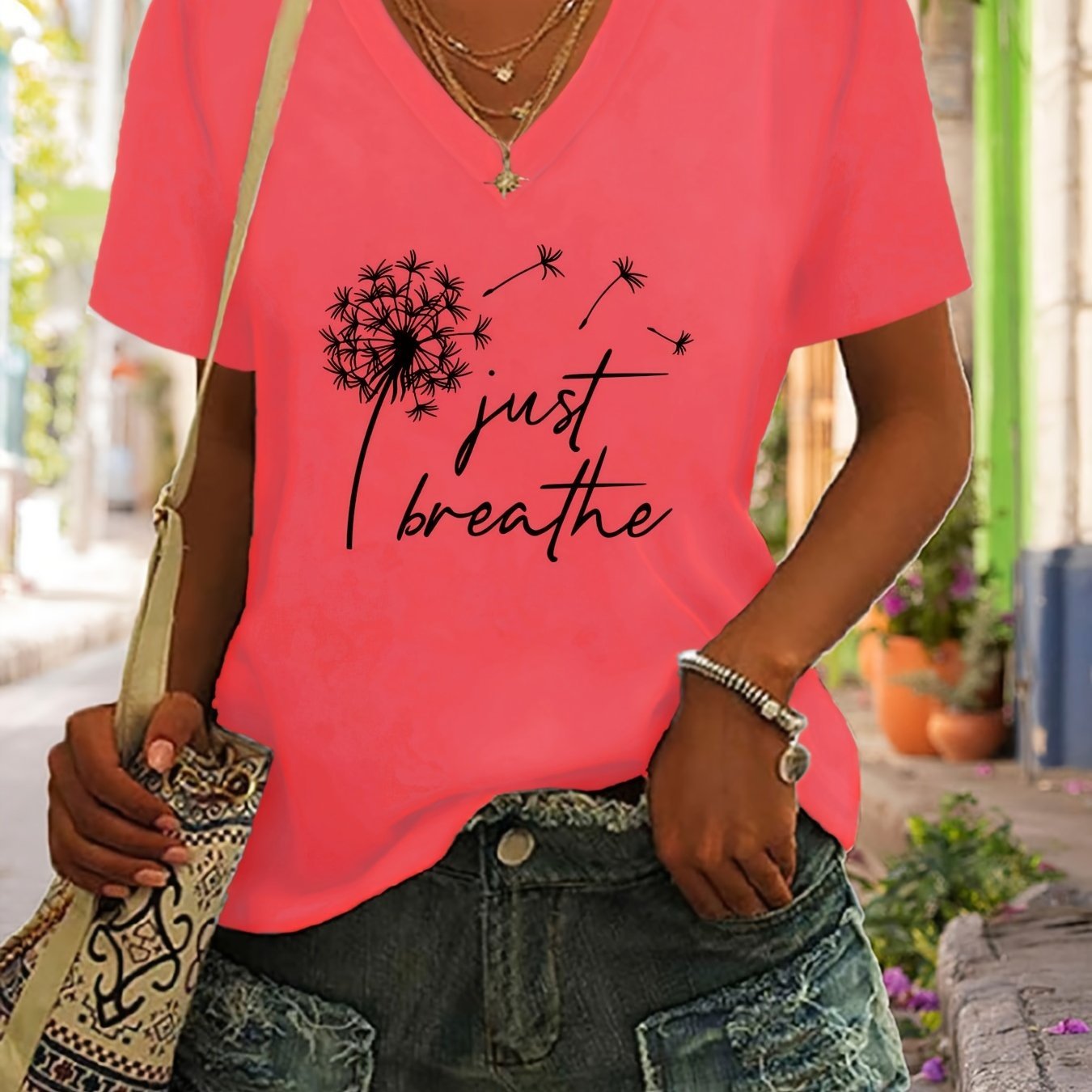 Dandelion Print T-Shirt, V Neck Short Sleeve Summer Casual Top, Women's Clothing - veyora