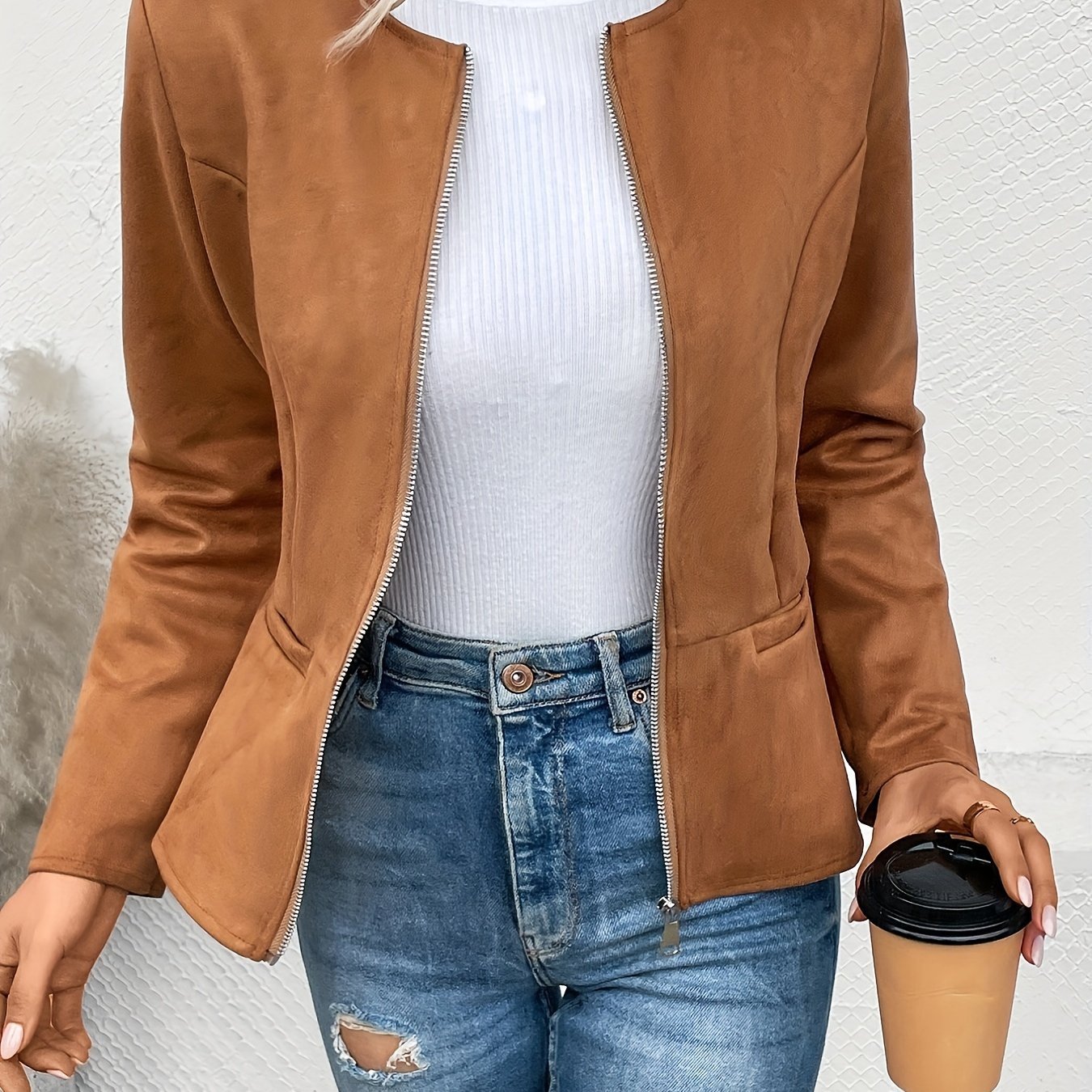 Ladies Fashion Round Neck Slim Top Long Sleeve Access Control Zipper Cardigan Cropped Jacket - veyora