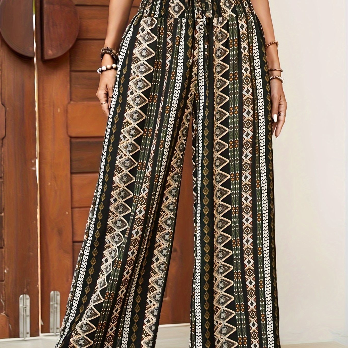 Vacation Seaside Tourism And Leisure Wide Leg Pants with Ethnic Style Printed Collar Pants Bohemian Women'S Pants - veyora