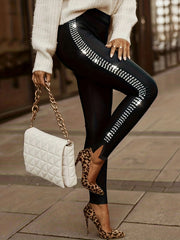 Solid Side Rhinestone Skinny Pants, Elegant Pants For Spring & Fall, Women's Clothing - veyora