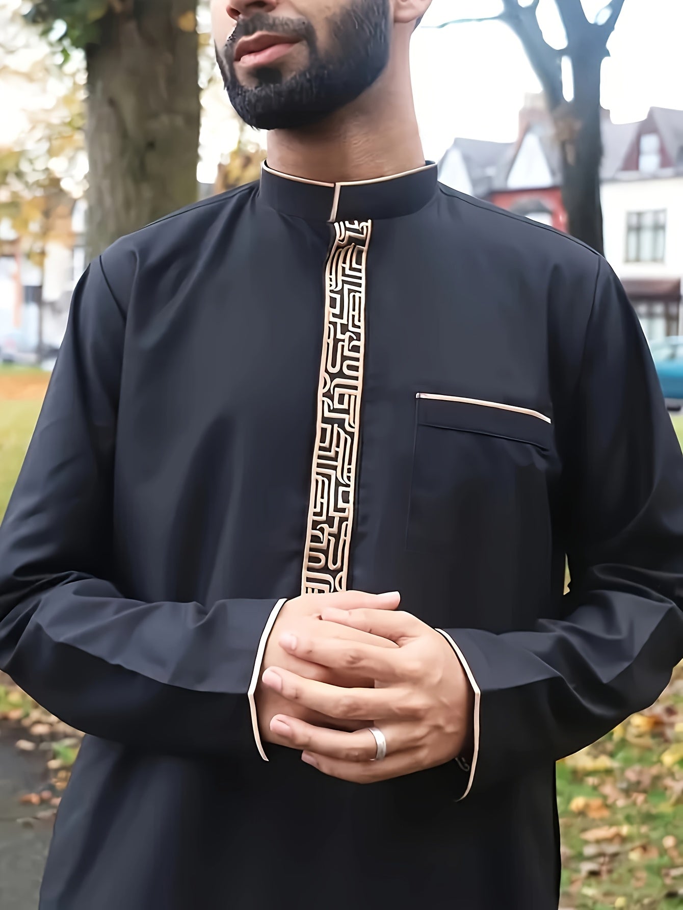Elegant Men'S Embroidered Traditional Thobe, Polyester, Non-Stretch Fabric, Solid Color, Stand Collar, Regular Fit, Woven, for All Seasons, Muslim Festival Attire