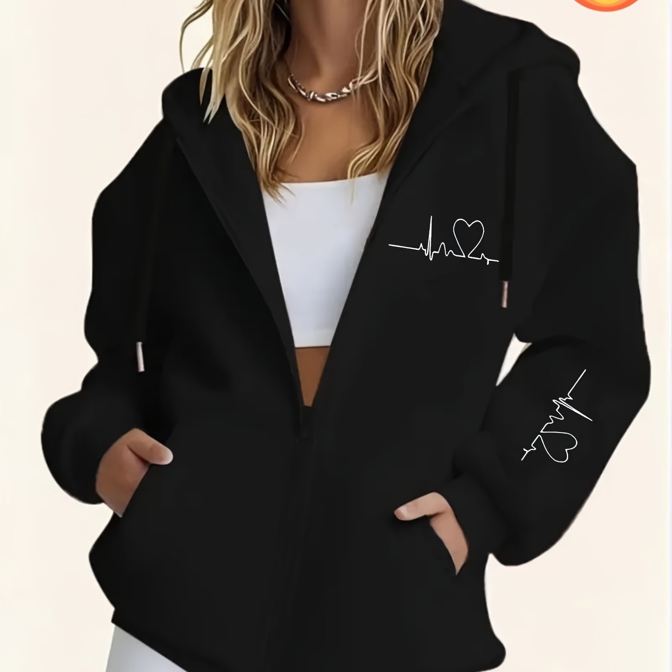 Women's Thick - Lined Hooded Zip - Up Sweatshirt, Warm and Comfortable Geometric Print Top Sweatshirt Jacket with Drawstring Hood, Kangaroo Pocket, for Casual Streetwear, Autumn/Winter Warm Long - Sleeve Pullover Sweatshirt - veyora