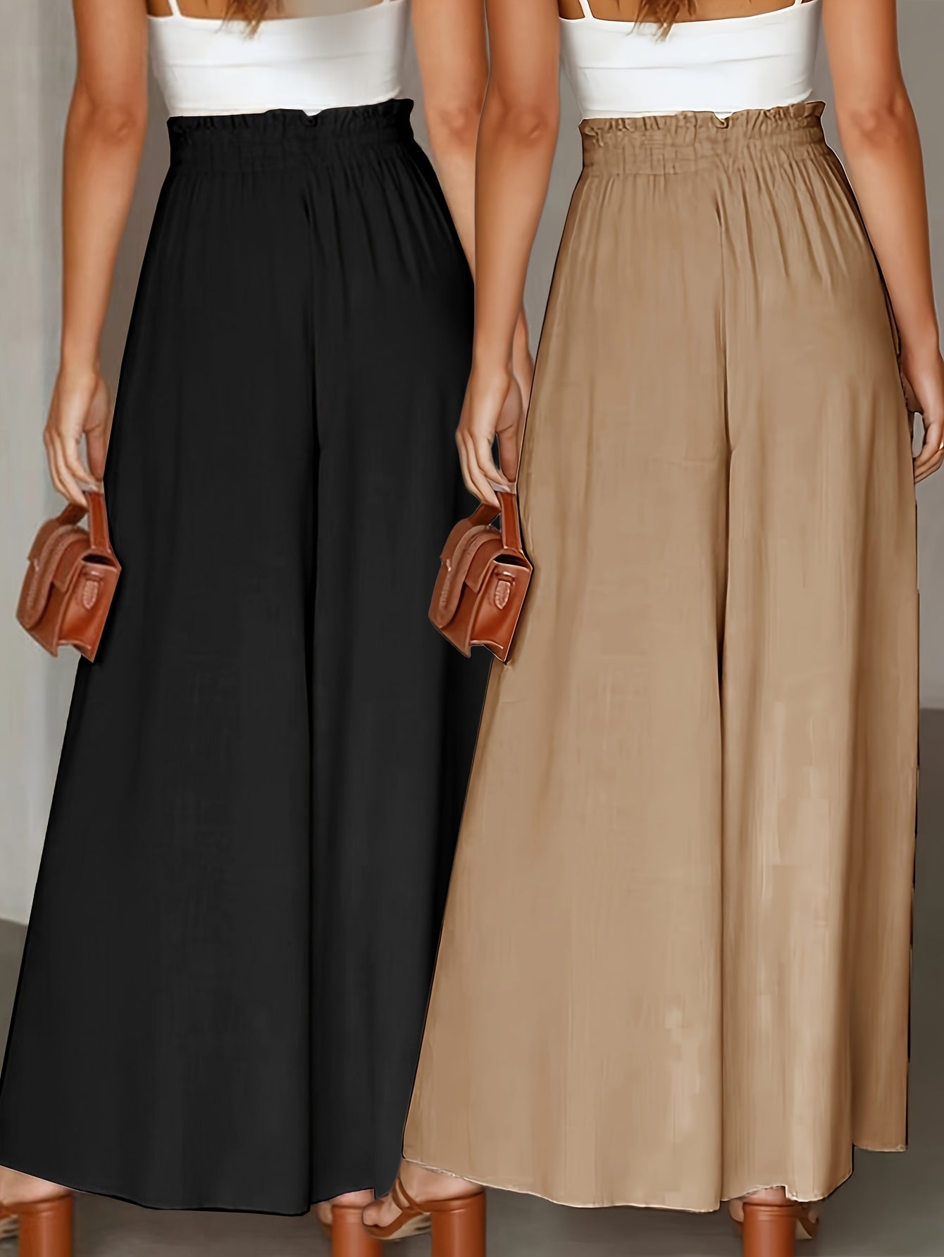 Two - pack Women's casual high - waisted comfortable breathable pocket drawstring loose wide - leg pants - veyora