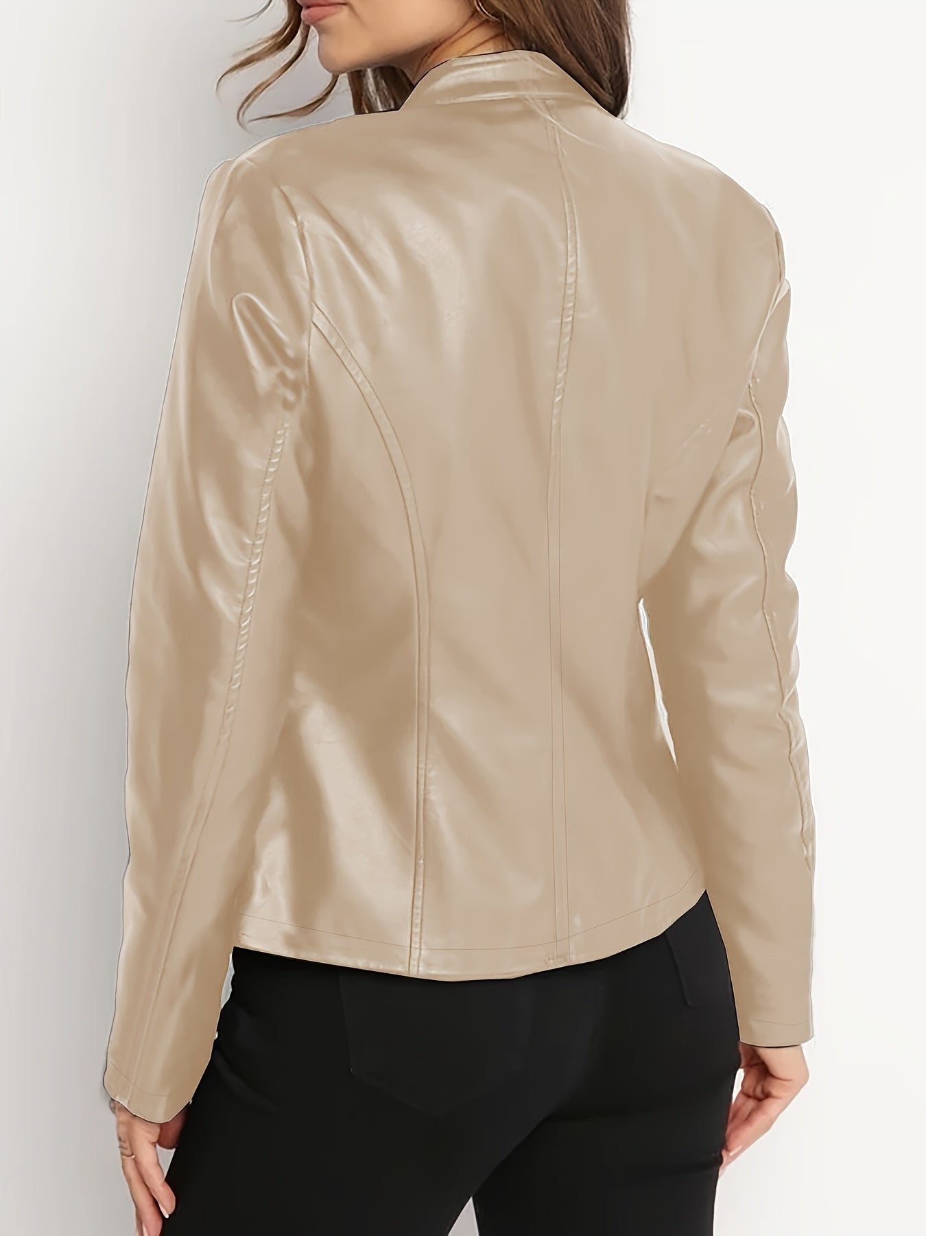 Women's Elegant PU Leather Jacket - 2025 New Women's Jacket Coat, Full - Zip Long Sleeve Motorcycle Biker Leather Outerwear for Spring, Autumn, and Winter, Suitable for Casual and Formal Wear, Durable Leather, Zippered Pockets, Structured Fit, Stand - veyora