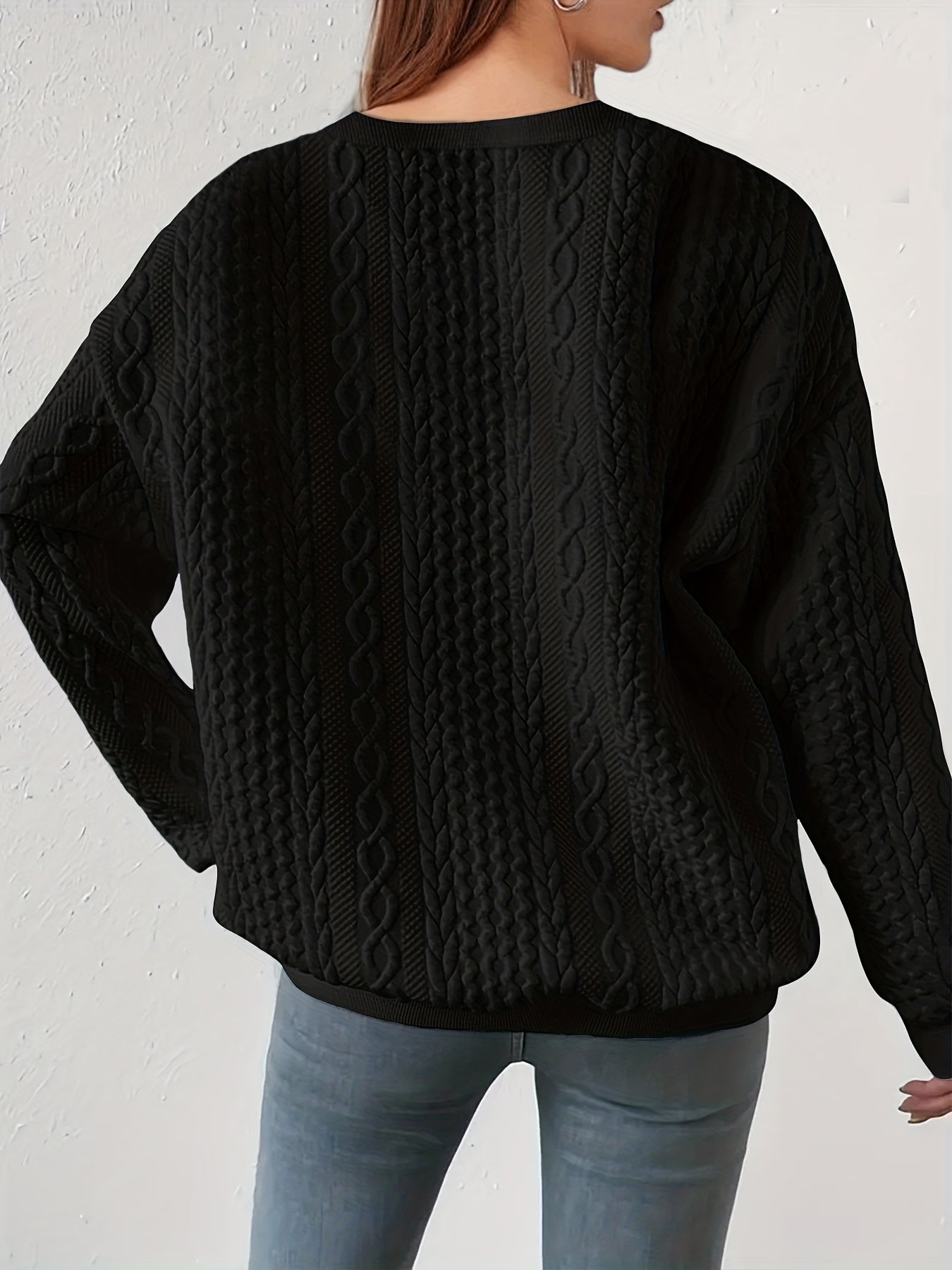 Women's Casual Textured Round Neck Pullover Sweatshirt - Loose Fit Raglan Sleeves, Medium Stretch, Machine Washable, All - Season Comfort, Cute Sweatshirts - veyora