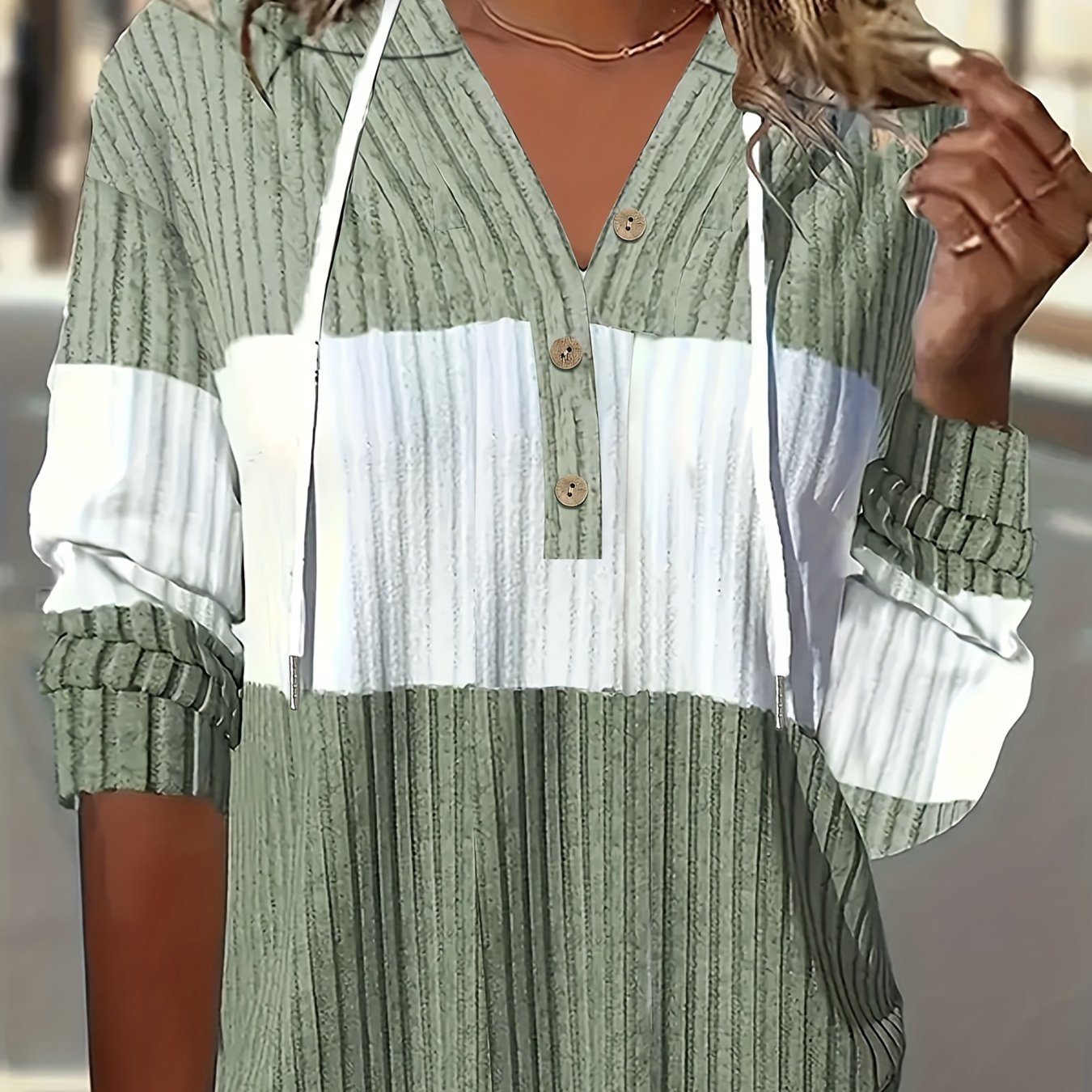 Solid Color Contrasting Hooded Pullover - veyora