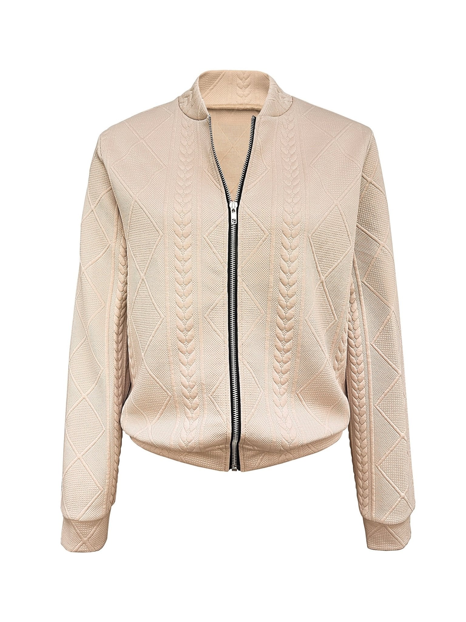 Zip Front Textured Jacket, Casual Solid Color Long Sleeve Jacket For Spring & Fall, Women's Clothing - veyora