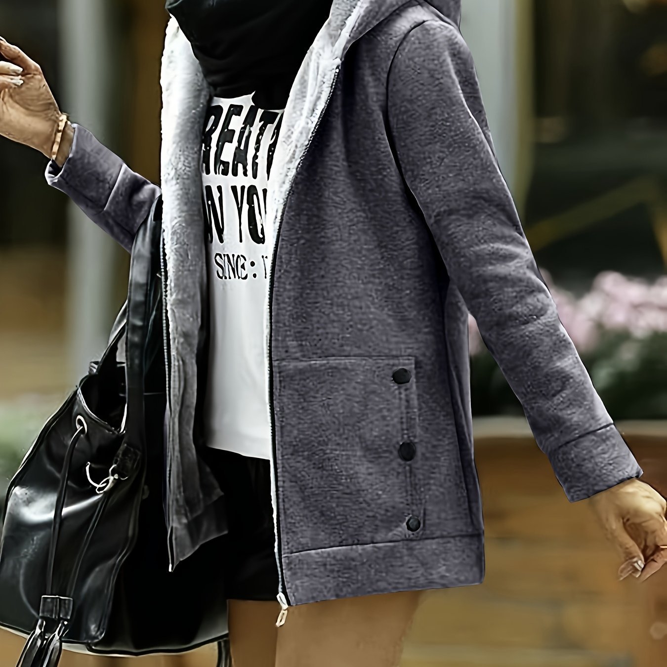 Women'S Autumn And Winter Fleece Hooded Jacket, Windproof And Warm, Stylish And Casual, Long - Sleeved, Solid Color with Patch Pockets And Zip - Up Front - veyora