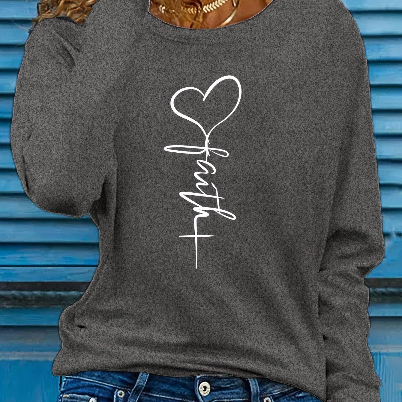 Women'S Casual Long Sleeve Crew Neck T-Shirt with Elegant Heart & "Love" Script Design - Soft Polyester Fabric, Perfect for Fall Fashion, Christian Fashion | Elegant Scripture Shirt | Applique Detail, Ladies T Shirts - veyora