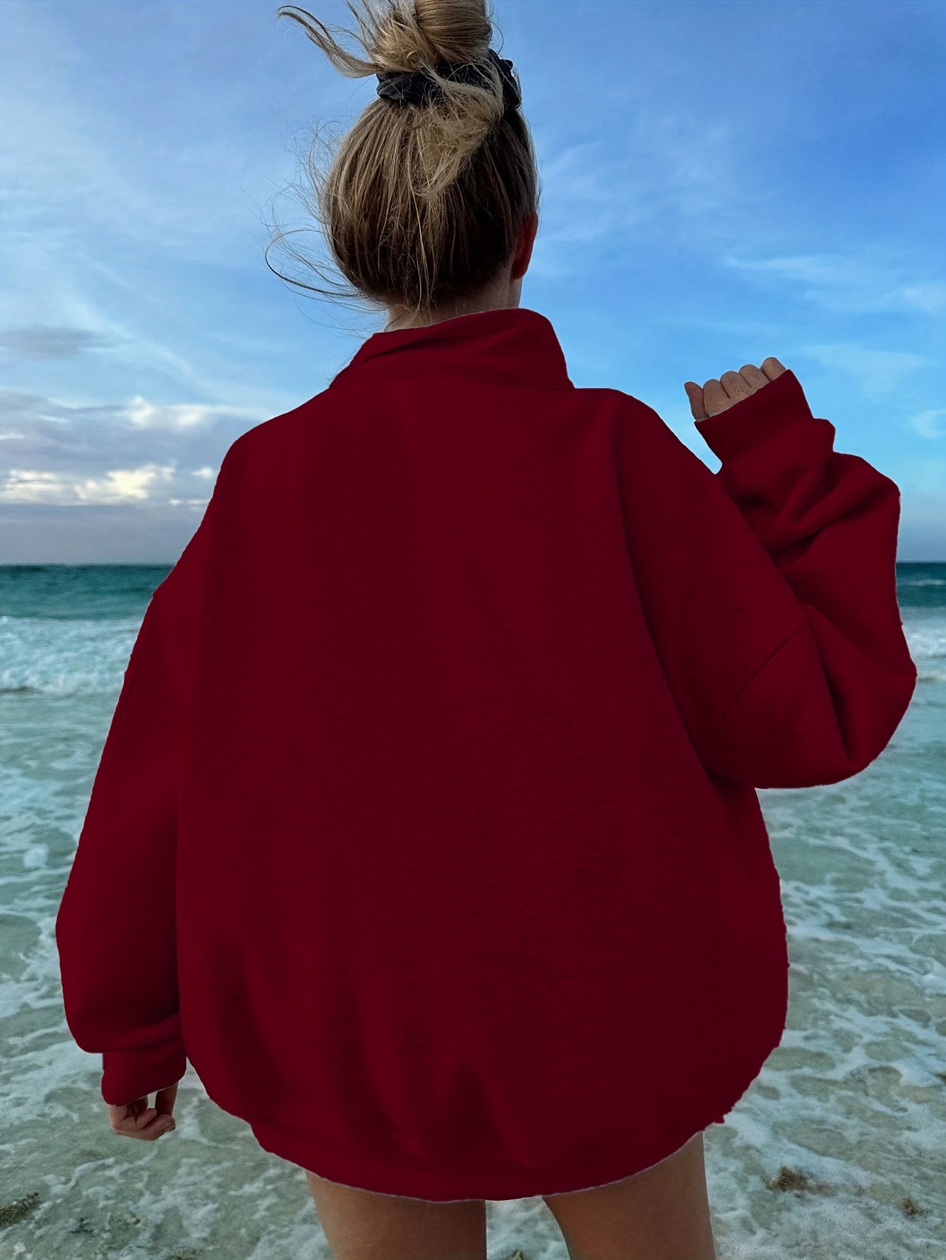 Women's City Print Loose Half - Zip Floral Gray High - Neck Sweatshirt - veyora