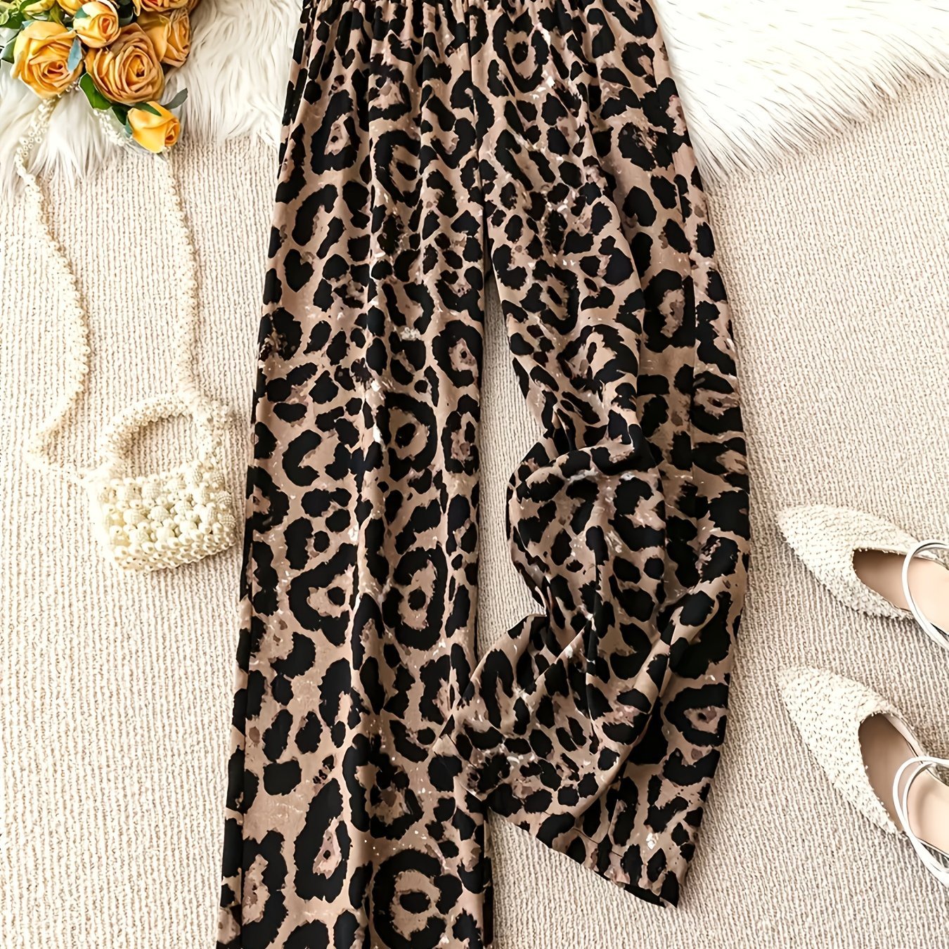 Women's Leopard Print Loose - Fit Ruffle Hem Pants with Elastic Waist - Digital Animal Print Trousers, Machine Washable Non - Stretch Fabric, All - Season Elegant Casual Wear, Versatile Wardrobe Staple, Loose Fit Trousers, Comfortable Waistband, Fashionable Bo - veyora
