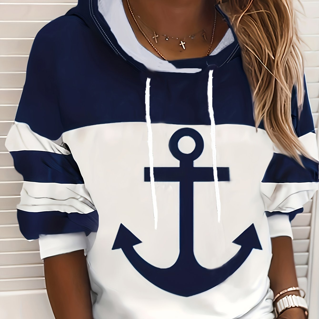 Anchor Print Drawstring Hoodies, Casual Color Block Long Sleeve Sweatshirt, Women's Clothing - veyora