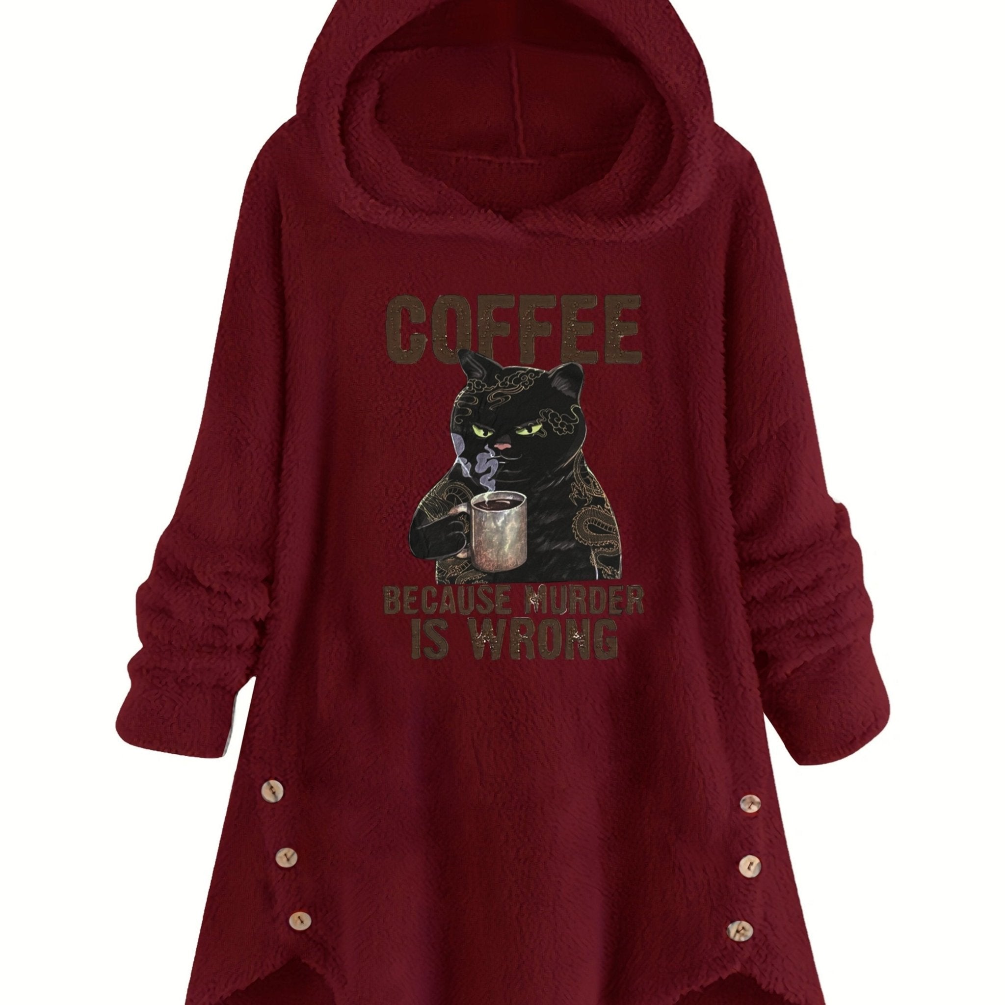 Cat & Slogan Print Teddy Hoodie, Casual Long Sleeve Button Decor Hoodie Sweatshirt, Women's Clothing - veyora