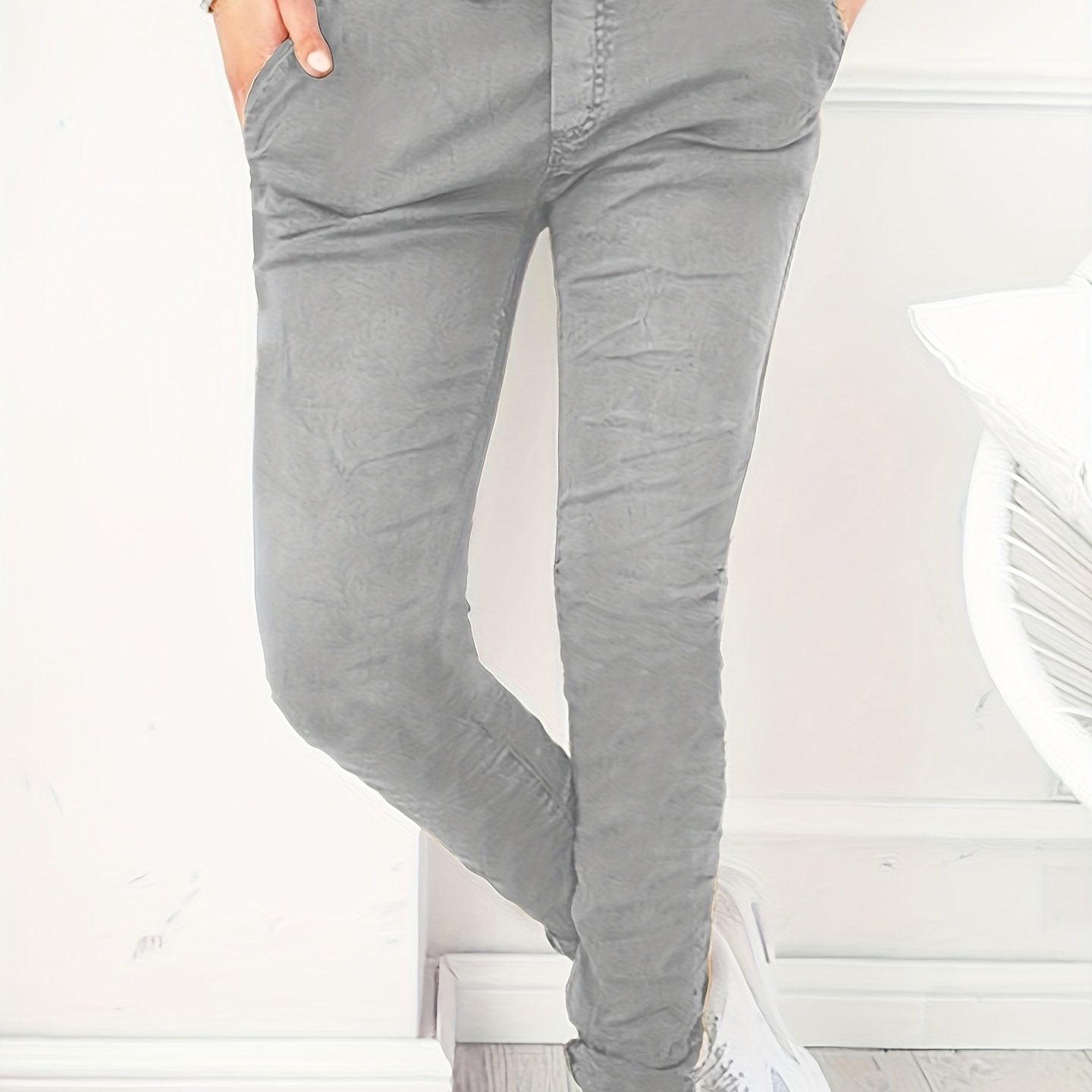 Women's Stretchy Solid Color Casual Pants - High Waist, Drawstring, with Pockets | Machine Washable | Perfect for Spring/Fall - veyora