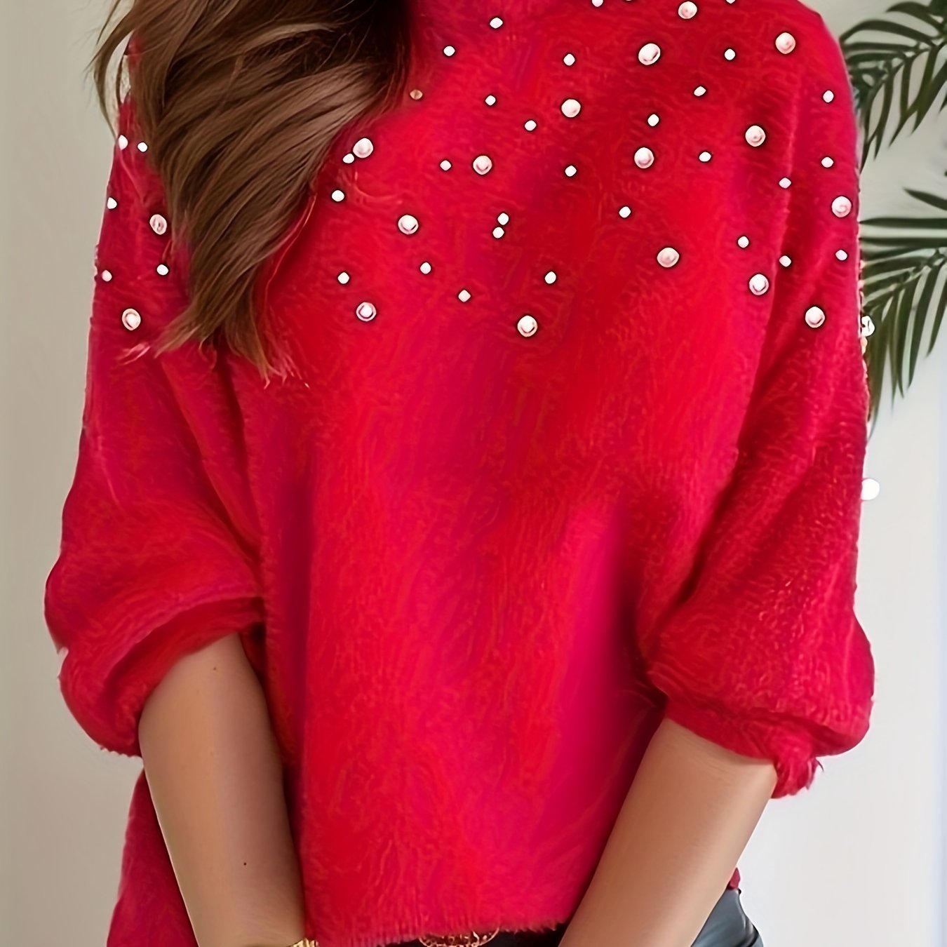 High - Neck Fashion Pearl Beaded Pullover, Long Sleeve Casual Women's Sweater - veyora