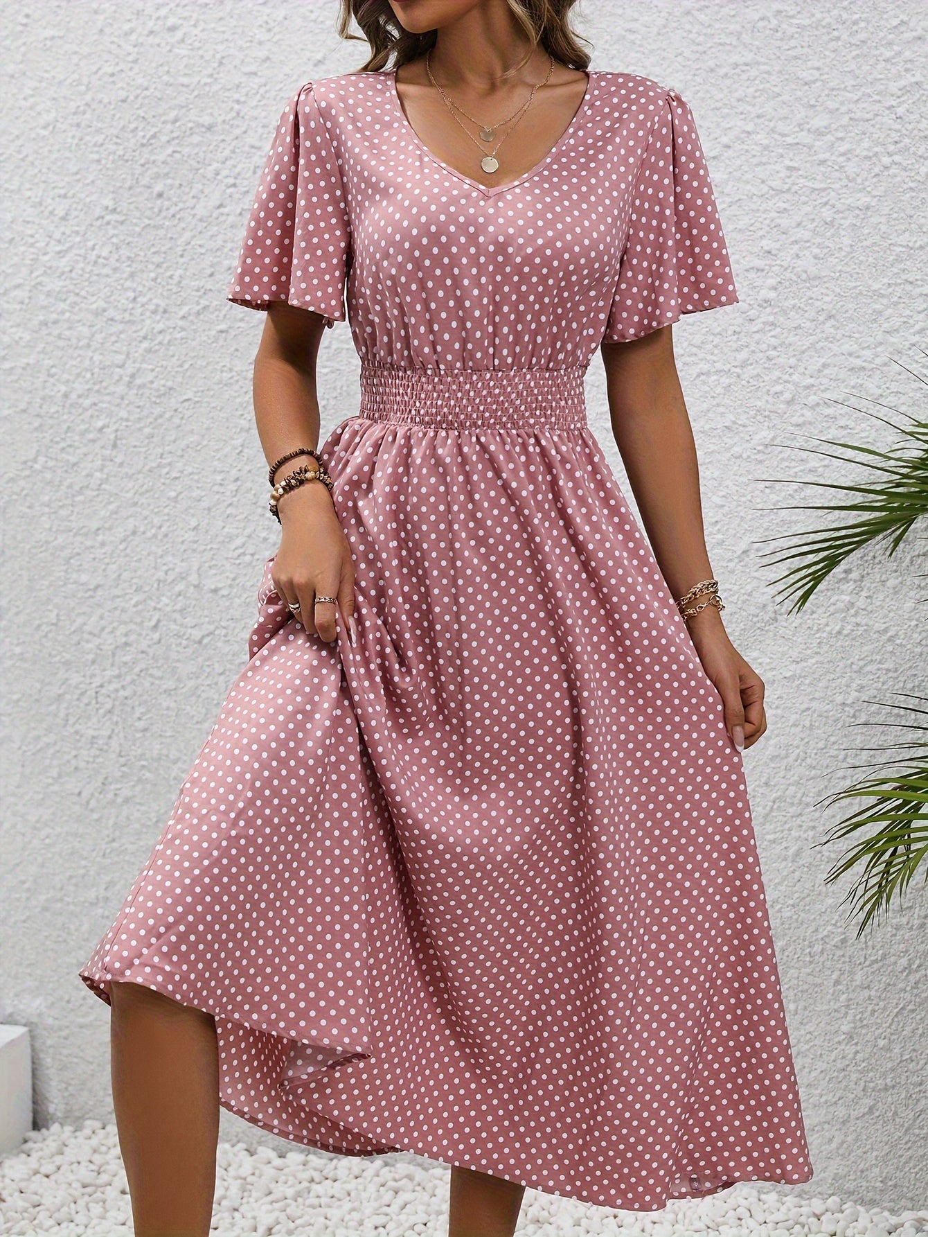[Pink Polka Dot] Midi Dress for Women - Chic Pink Polka Dot, V-Neck, Ruffle Sleeves, Cinched Waist - Lightweight Polyester, Machine Washable, Perfect for Spring/Summer