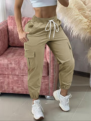 Women'S Casual Cargo Pants with Drawstring Waist, Beige, Multiple Pockets, Frayed Hem, White Sneakers, All - Season Comfort Fit, Casual Wear Pants | Frayed Hem Pants | Functional Pockets - veyora