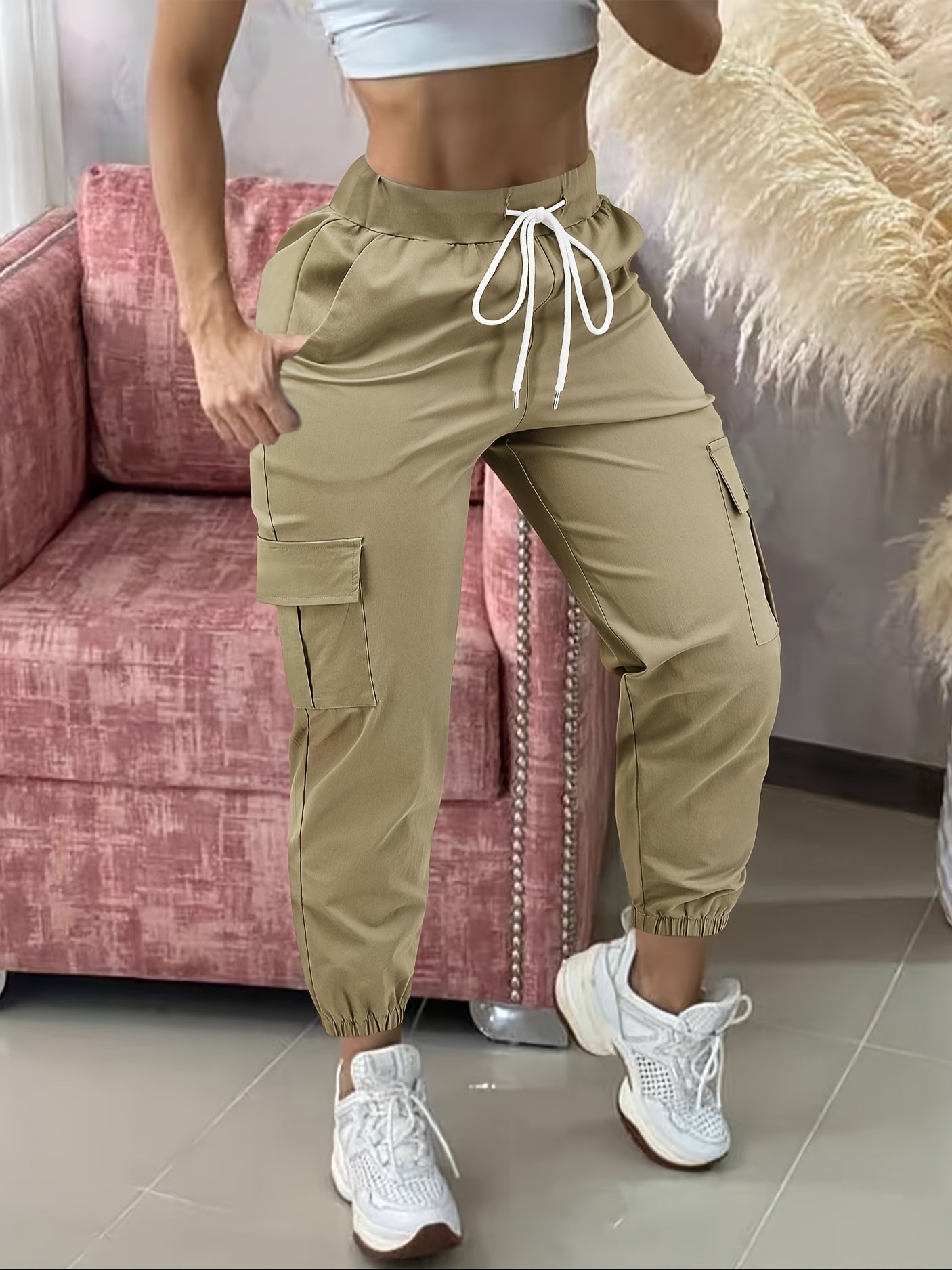 Women'S Casual Cargo Pants with Drawstring Waist, Beige, Multiple Pockets, Frayed Hem, White Sneakers, All - Season Comfort Fit, Casual Wear Pants | Frayed Hem Pants | Functional Pockets - veyora